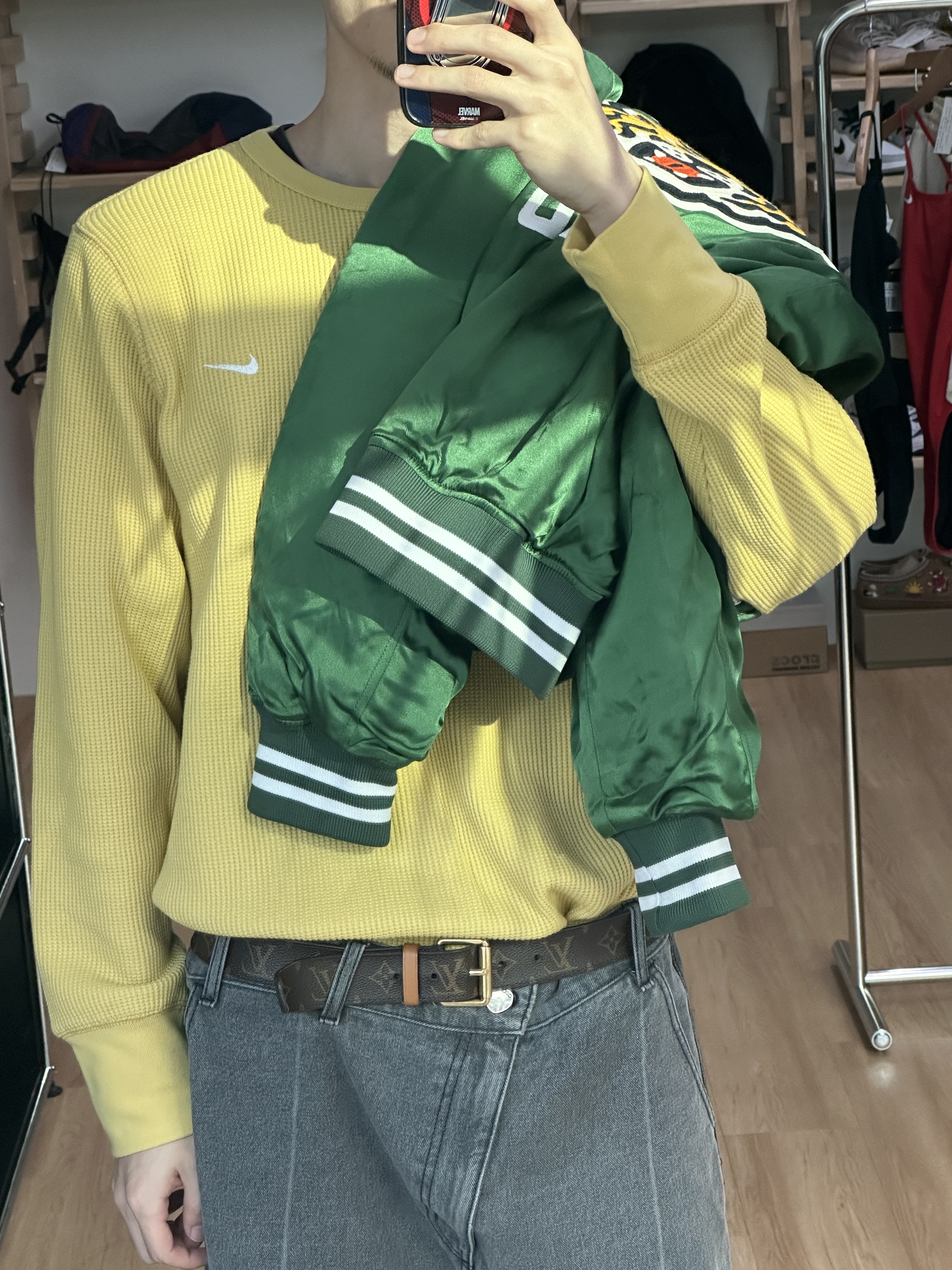 Human Made Stadium Jacket Green, Stussy Mid Depth Stussy Service Strapback True Deep Olive 착용 스타일 - 2