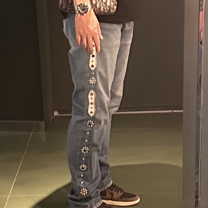 Kapital 14 oz. Denim 5P Monkey Cisco Gemstone Pants Indigo (Processing), Jordan 1 x Travis Scott Retro Low OG SP Mocha 착용 스타일