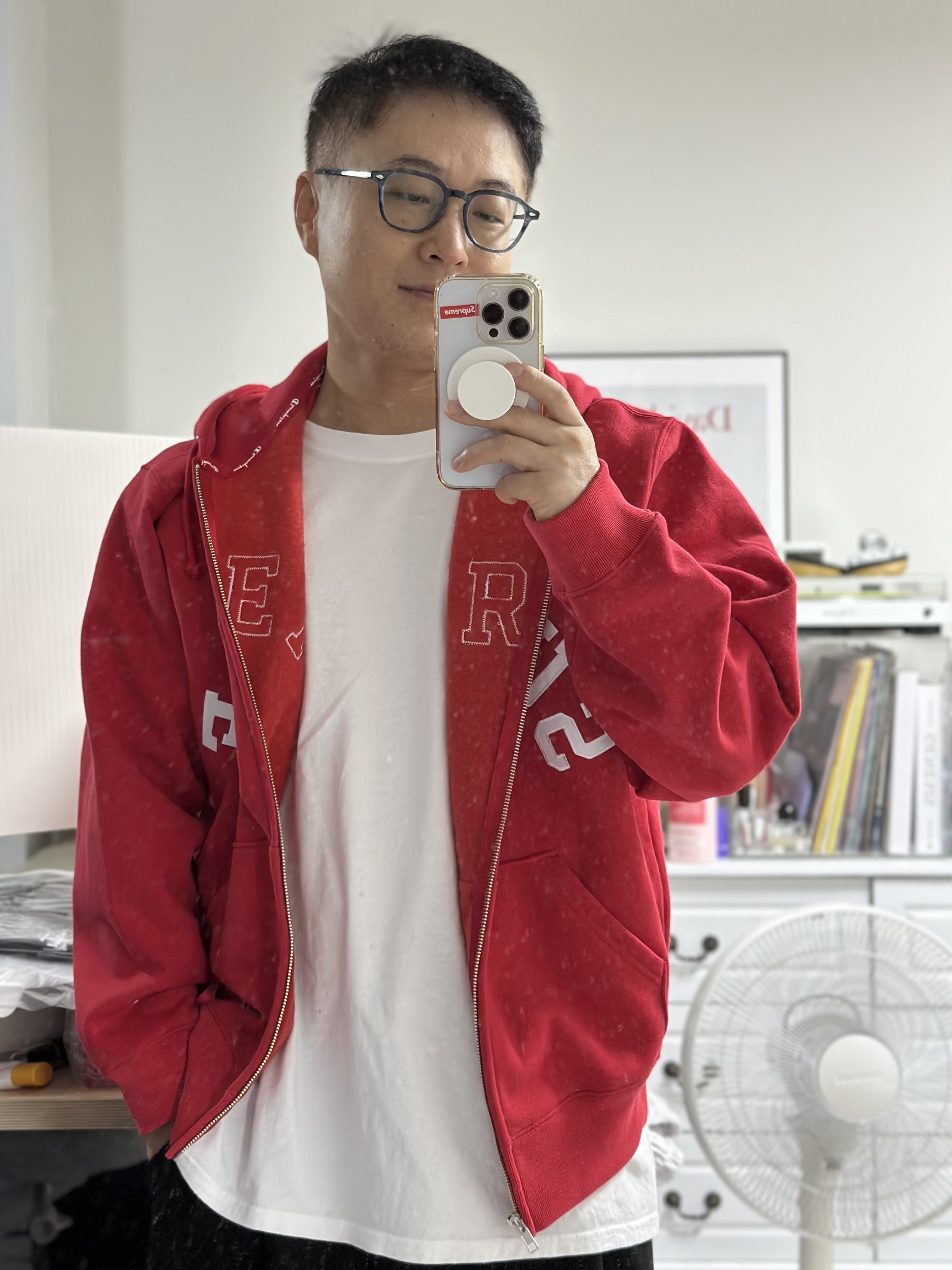 Supreme x Champion Zip Up Hooded Sweatshirt Red - 24SS 착용 스타일
