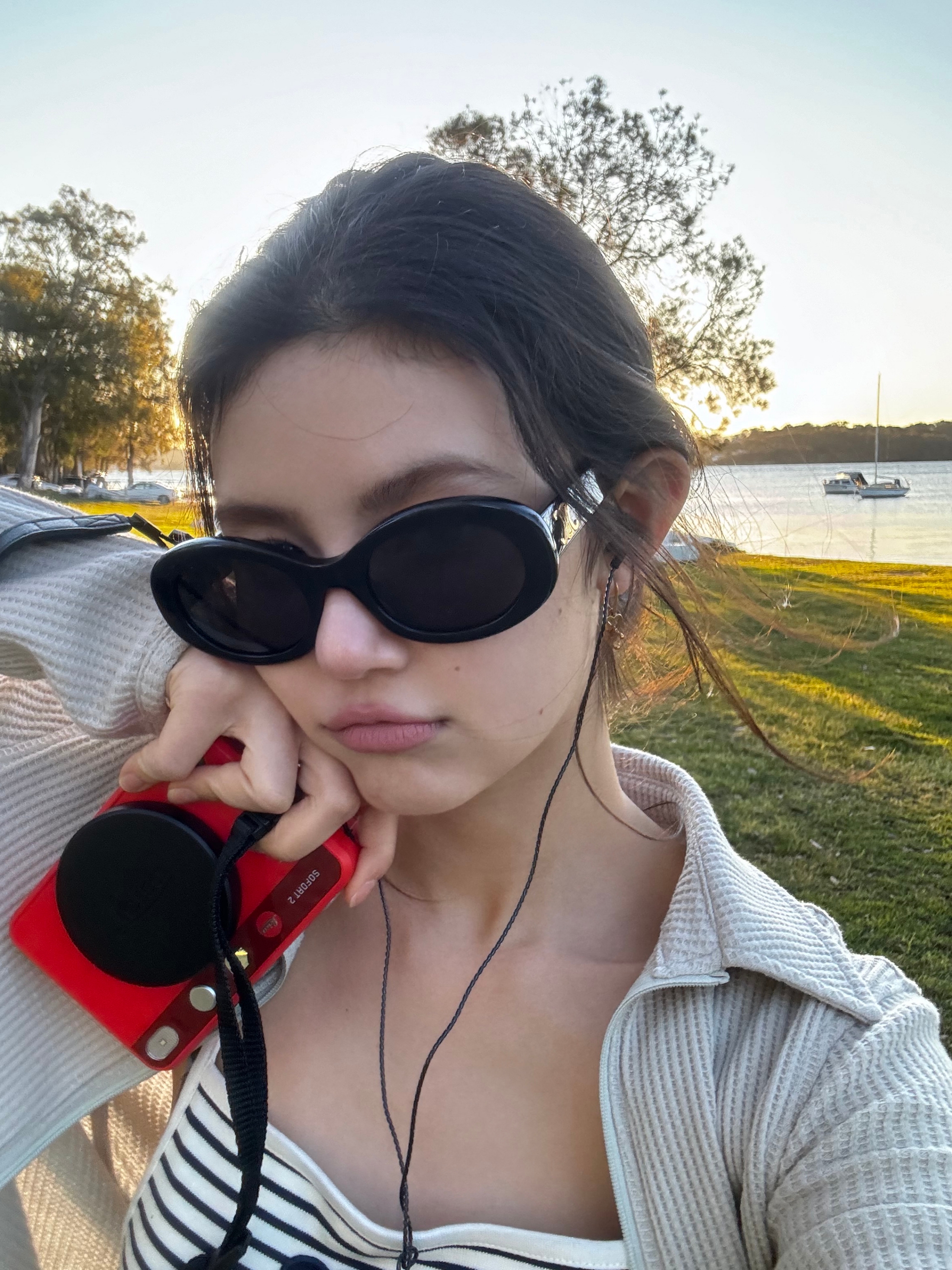 (W) Celine Triomphe Tank Top In Striped Jersey Off White Navy, (W) Celine Triomphe 01 Sunglasses in Acetate Black 착용 스타일 - 2