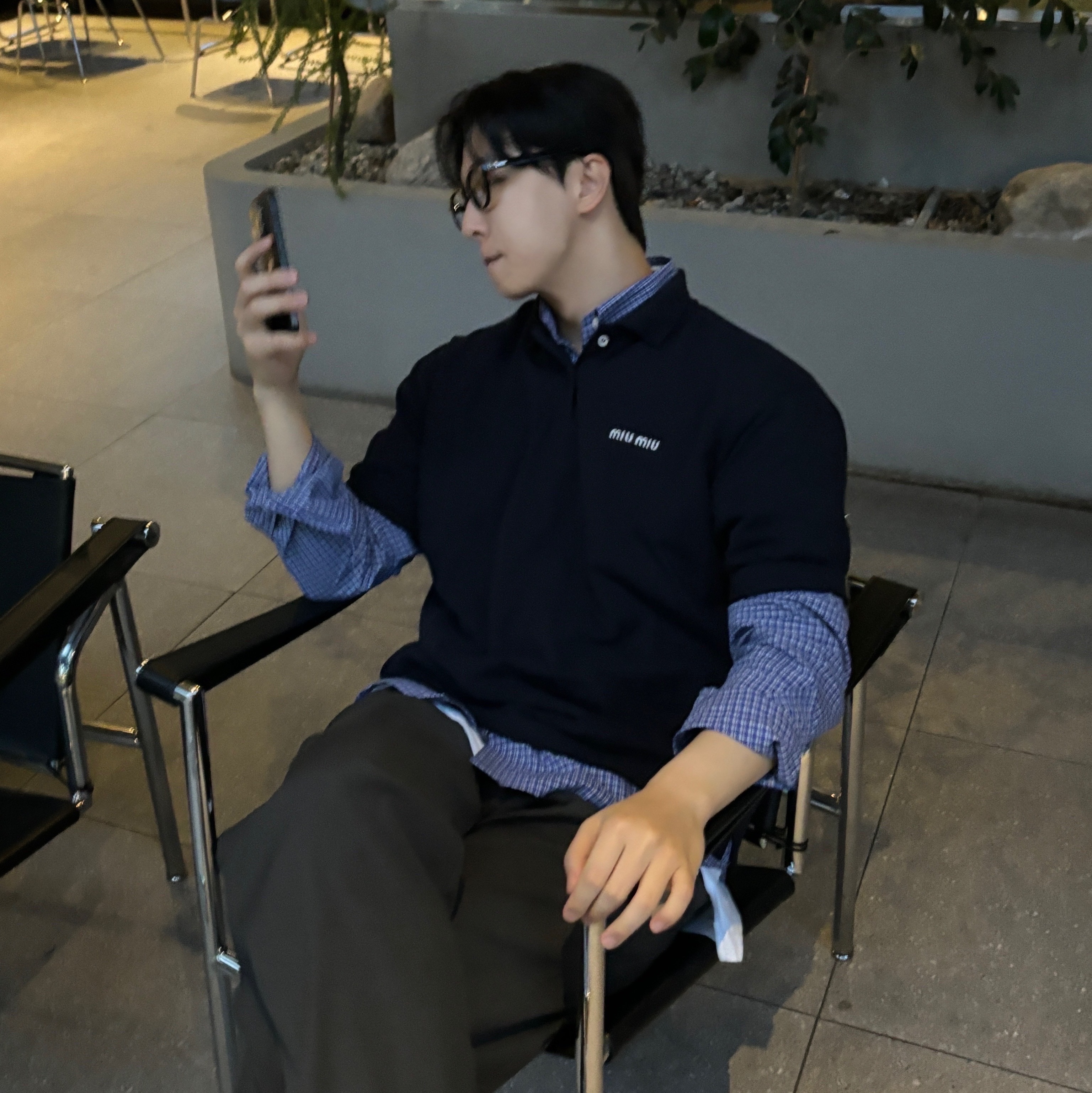 (W) Miu Miu Cotton Pique Polo Shirt Blue 착용 스타일