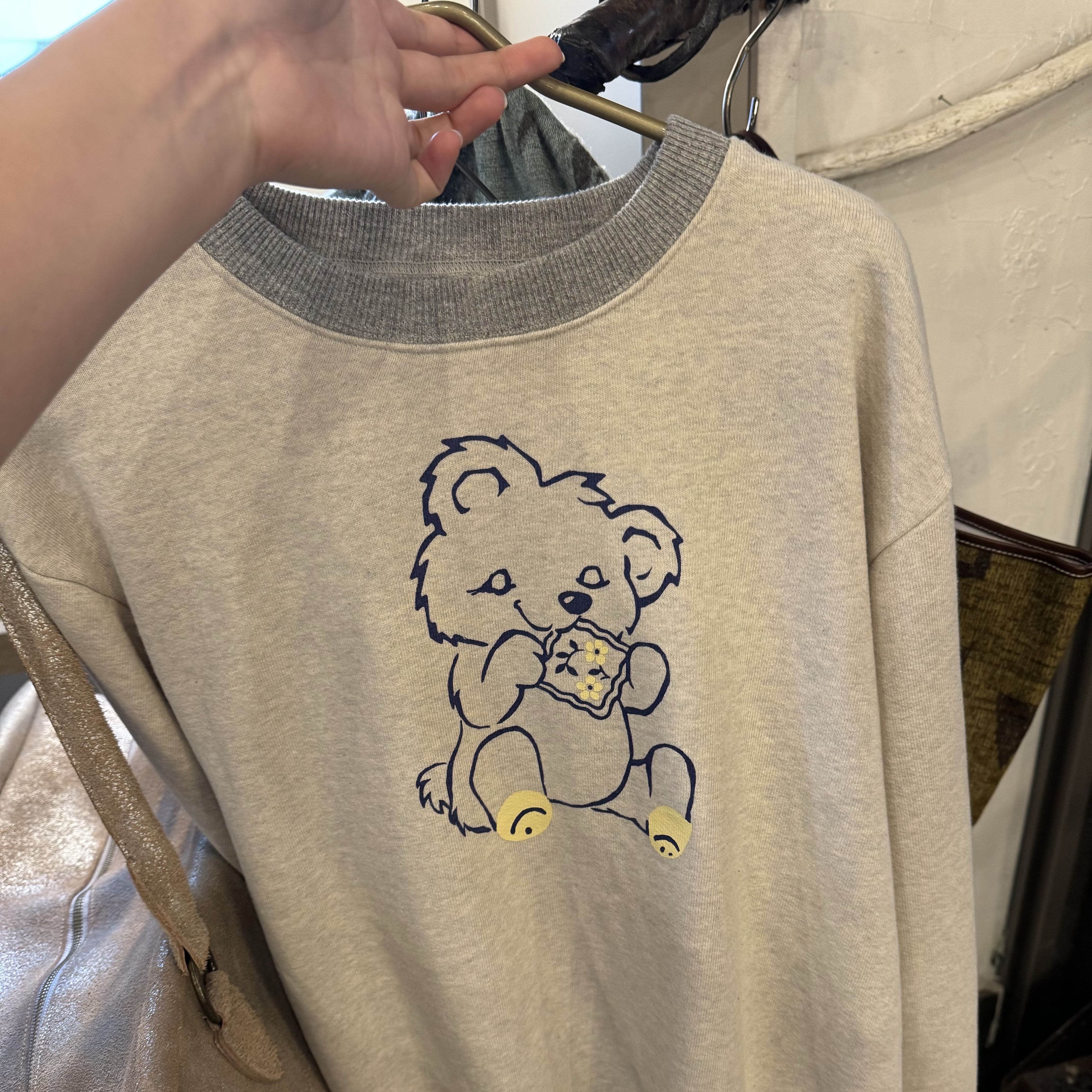 Kapital Top Fleece Crew Sweatshirt Peckish Little Bear Patch Kinari Gray 착용 스타일