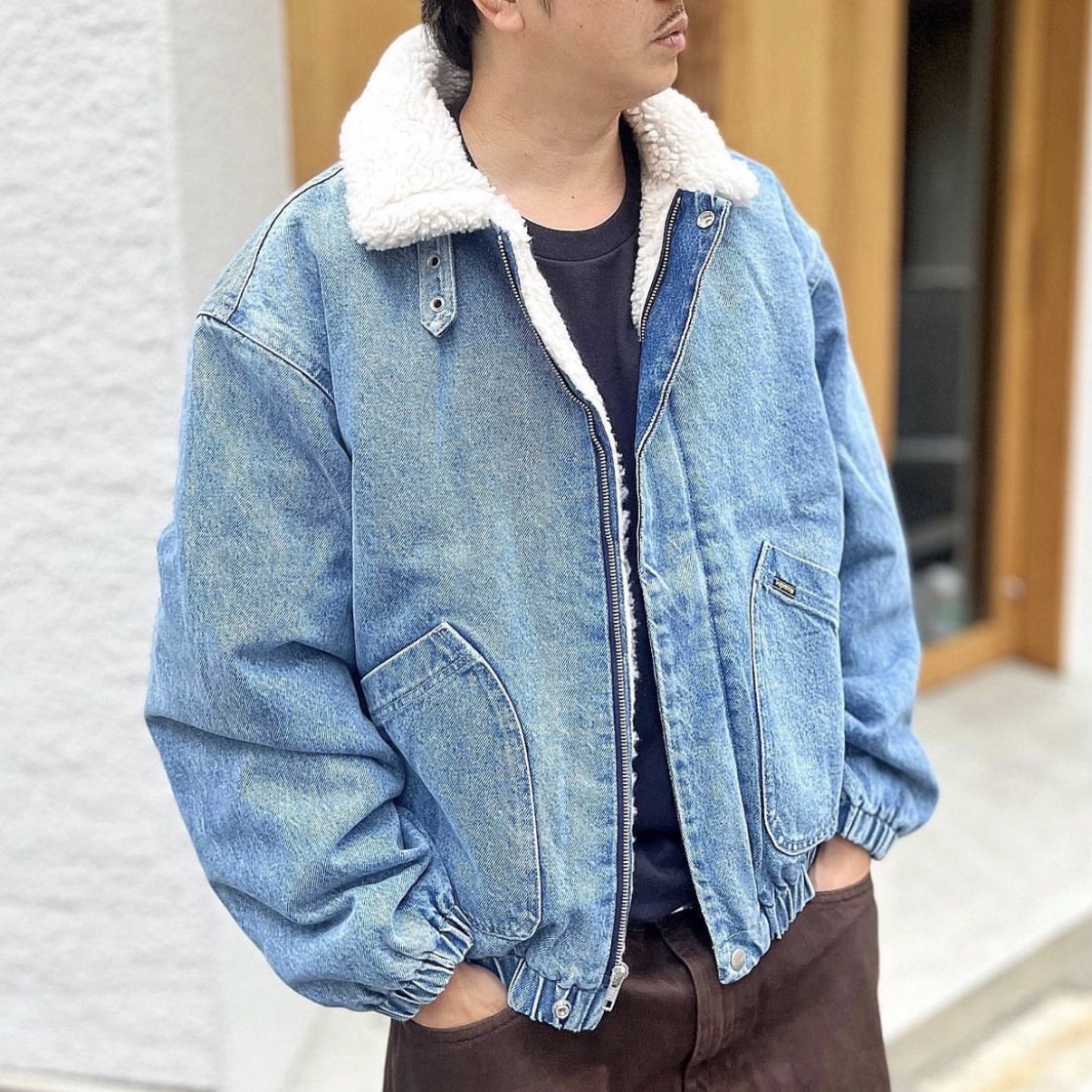 Supreme Faux Shearling Lined Bomber Jacket Denim - 24FW 착용 스타일 - 1