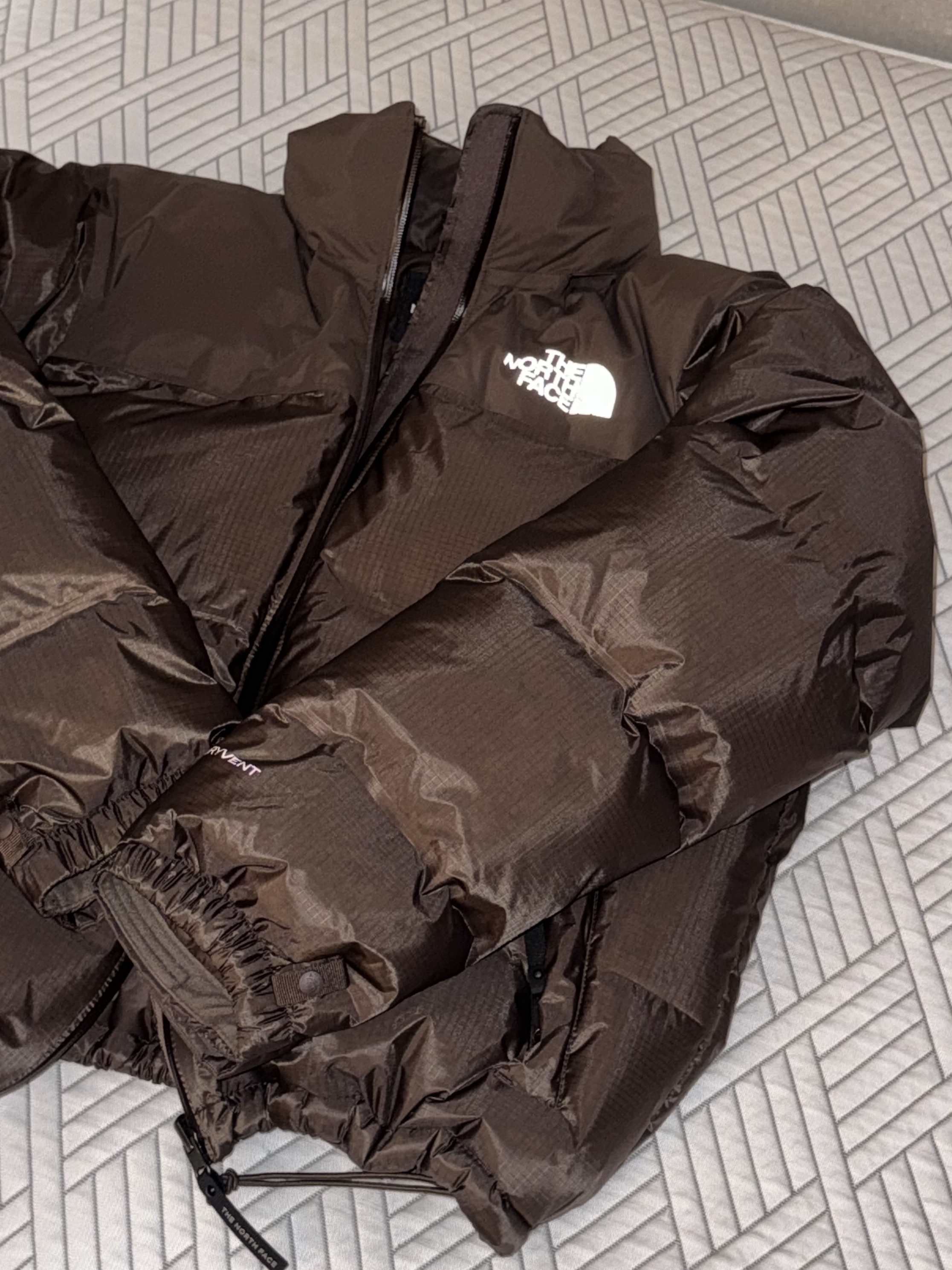 The North Face 1996 Water Shield Nuptse Jacket Beige Brown 착용 스타일