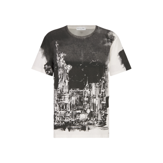 (W) Dior Cotton and Linen Jersey with New York Motif T-Shirt Black White