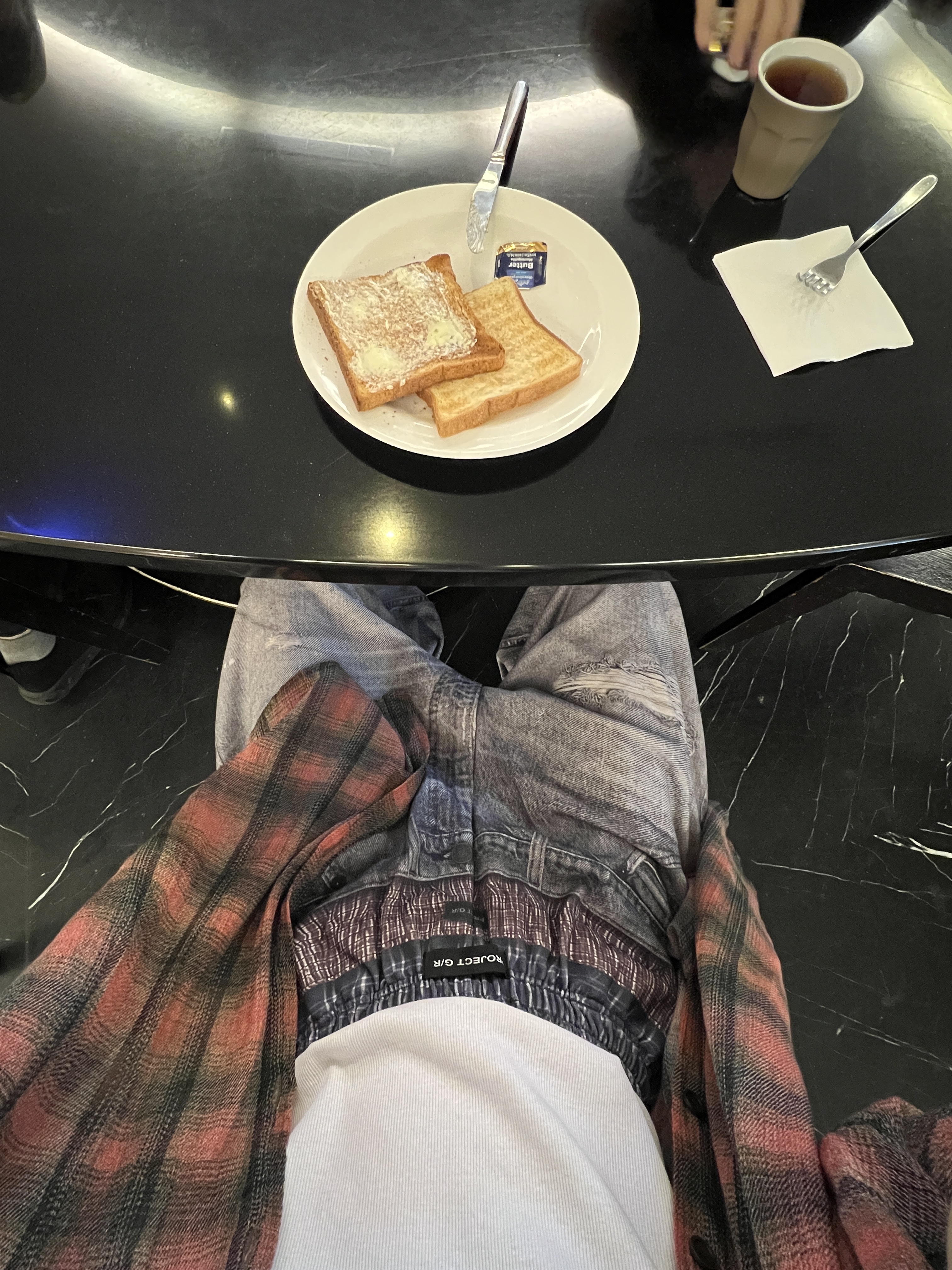 Our Legacy Shrunken Full zip Polo Jacket Big Lumbercheck Print, Project G/R Trompe-L’Oeil Sweat Pants Blue 착용 스타일 - 3