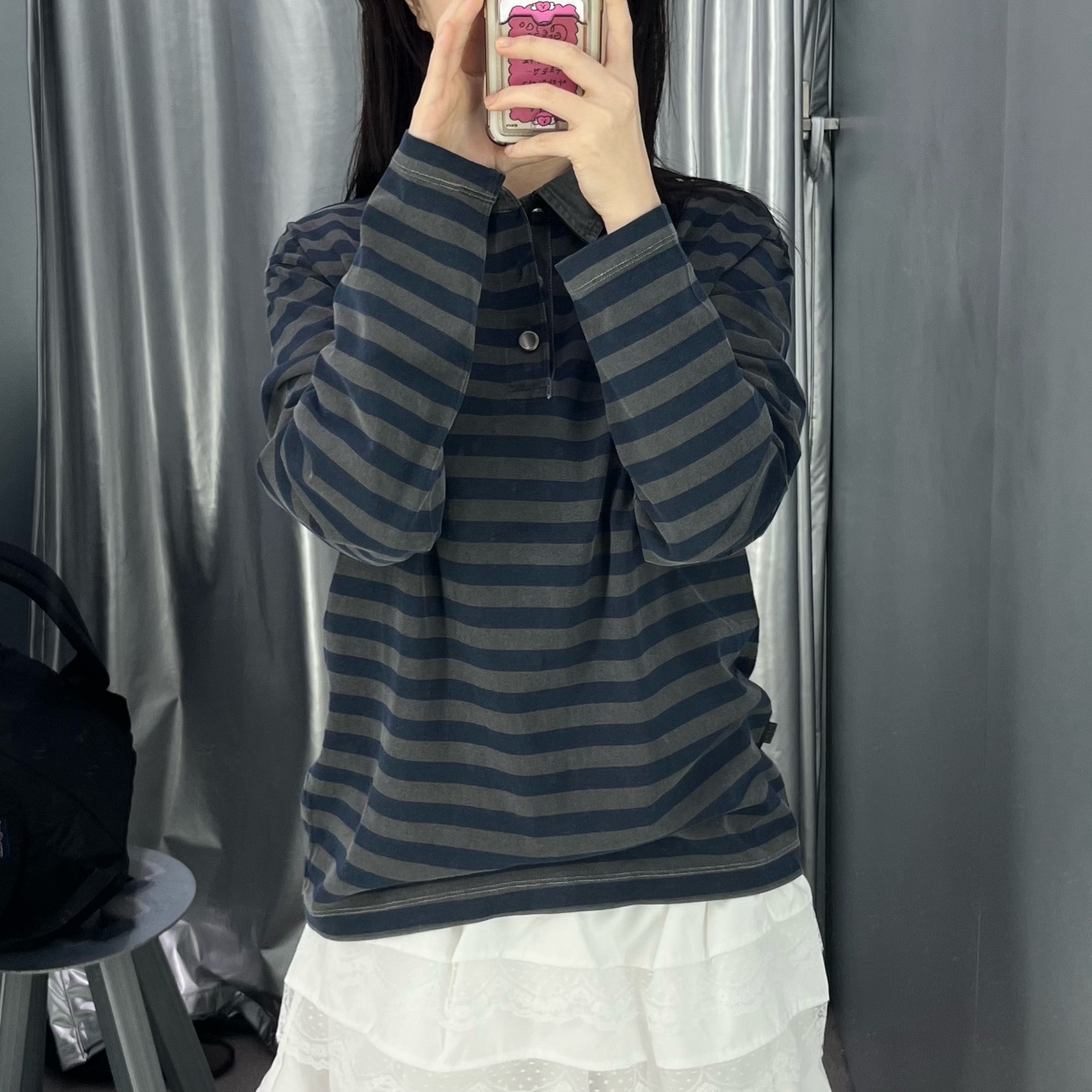 Hatchingroom VTG Stripe Polo T-Shirt Dyed Blue 착용 스타일 - 1