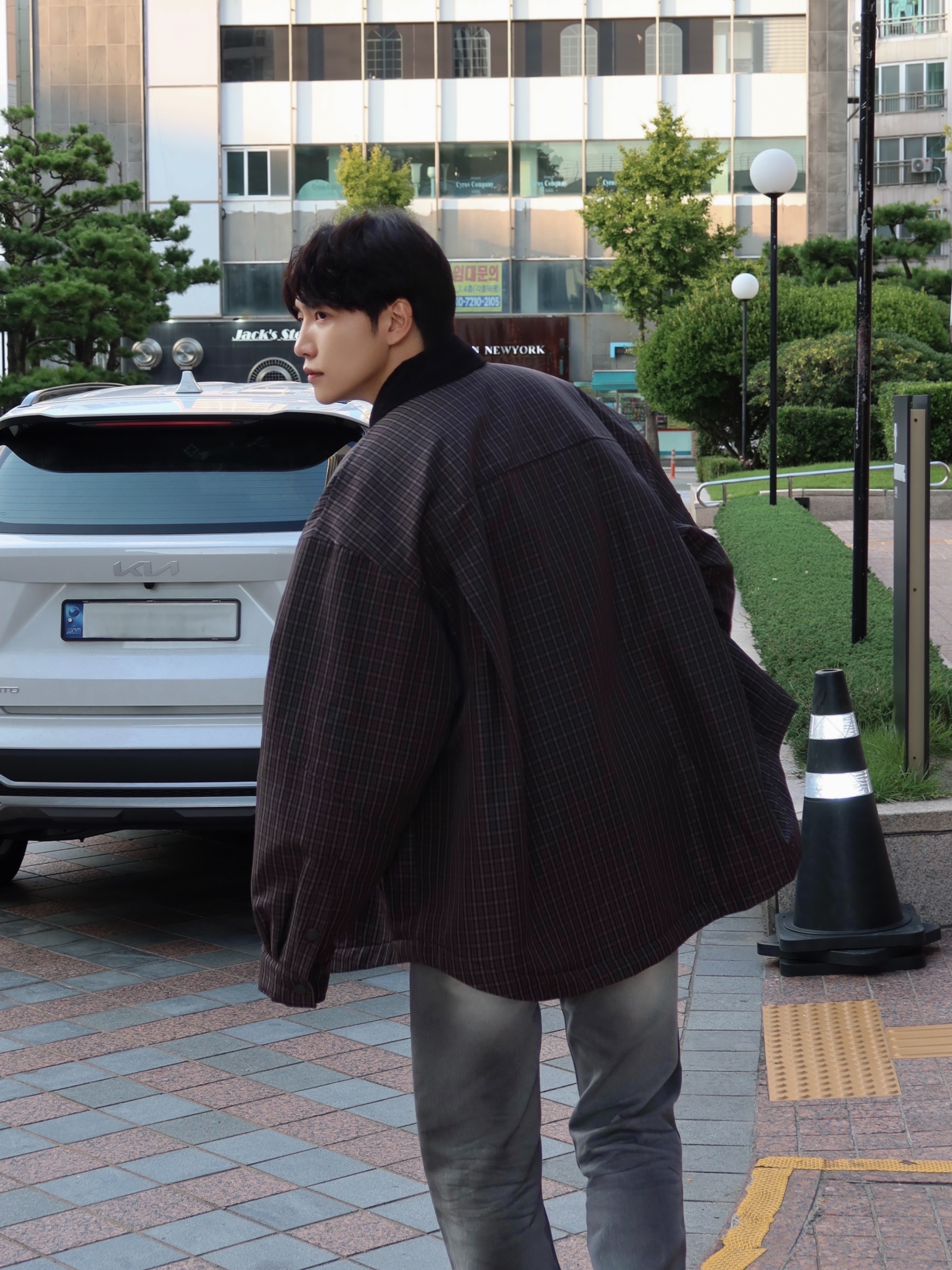 Haleine Padded Work Shirt Jacket Grey Check (VJ318) 착용 스타일 - 2