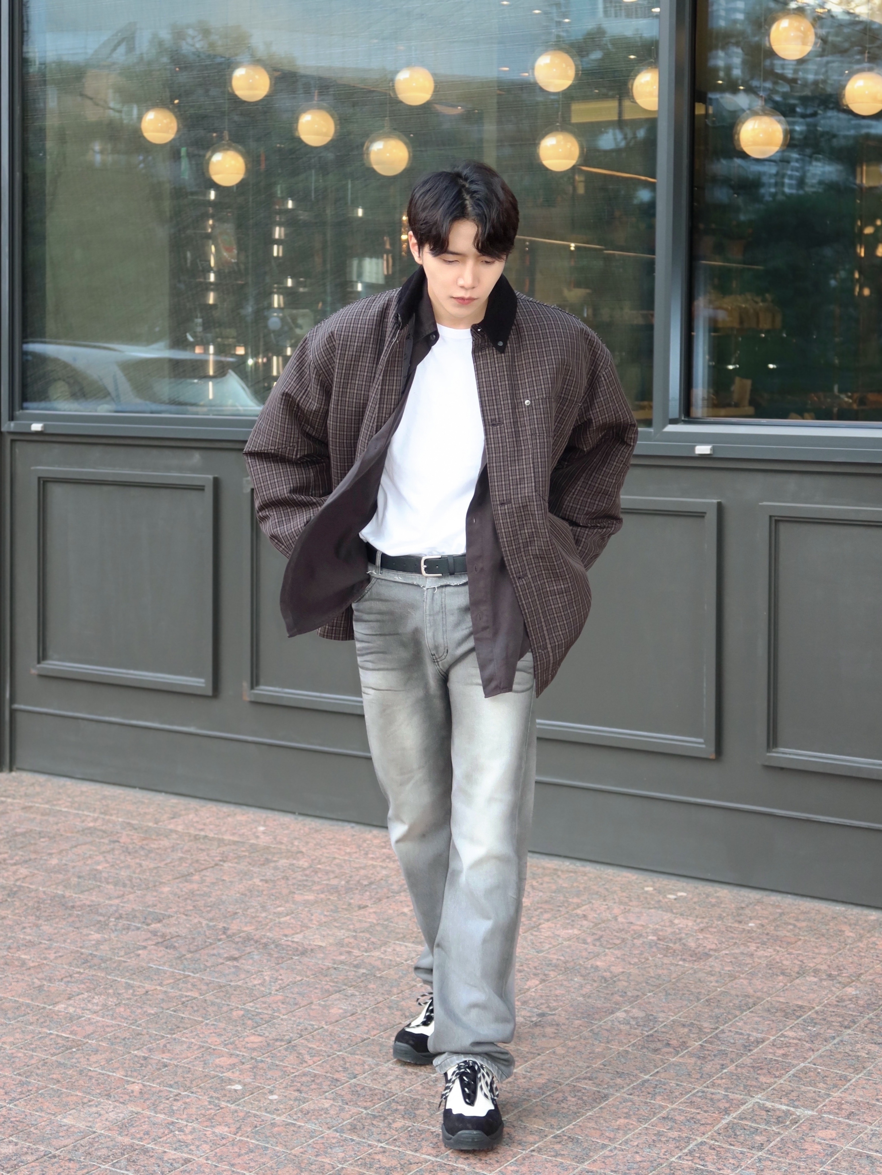 Haleine Padded Work Shirt Jacket Grey Check (VJ318) 착용 스타일 - 5