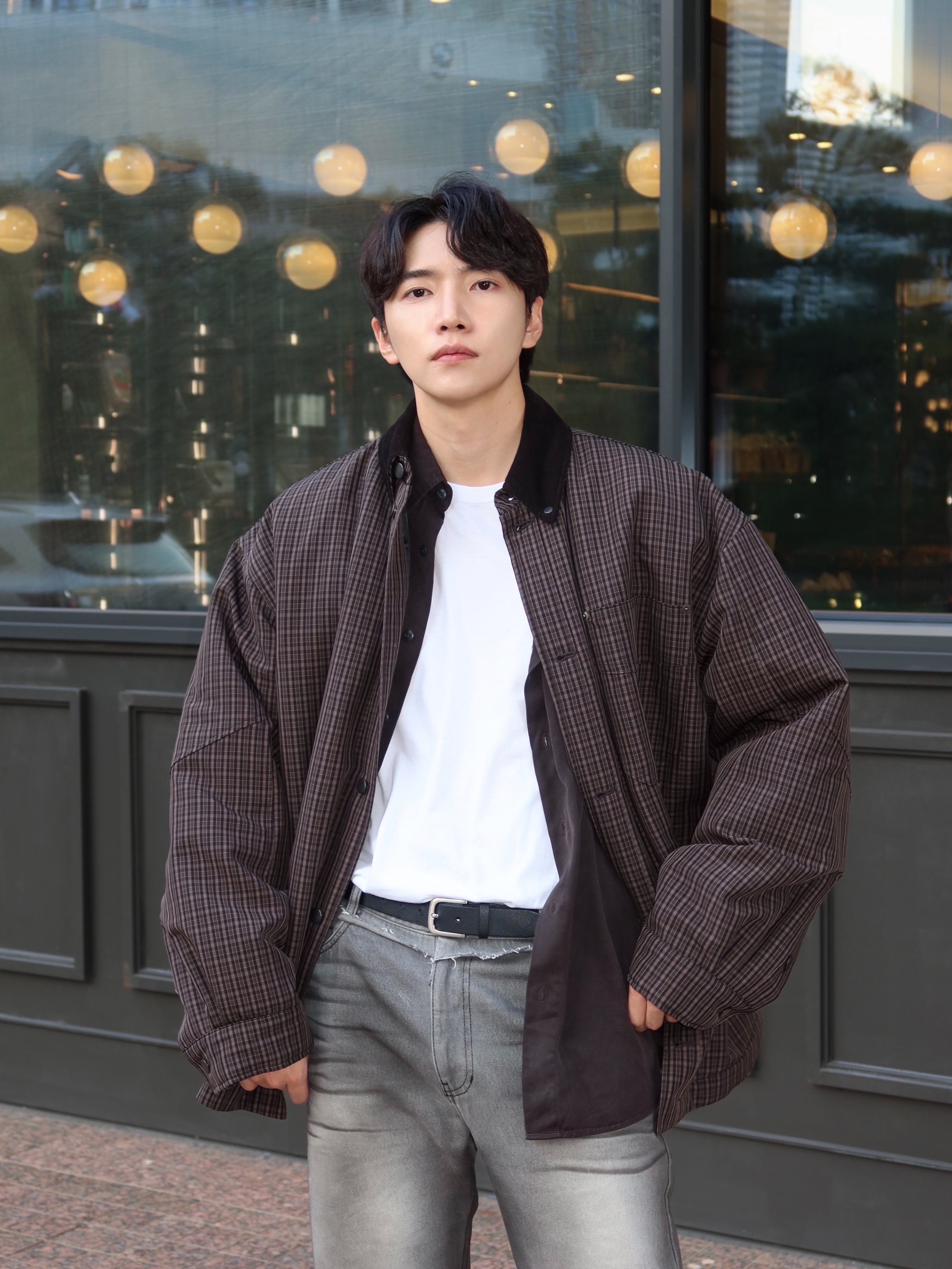 Haleine Padded Work Shirt Jacket Grey Check (VJ318) 착용 스타일 - 7