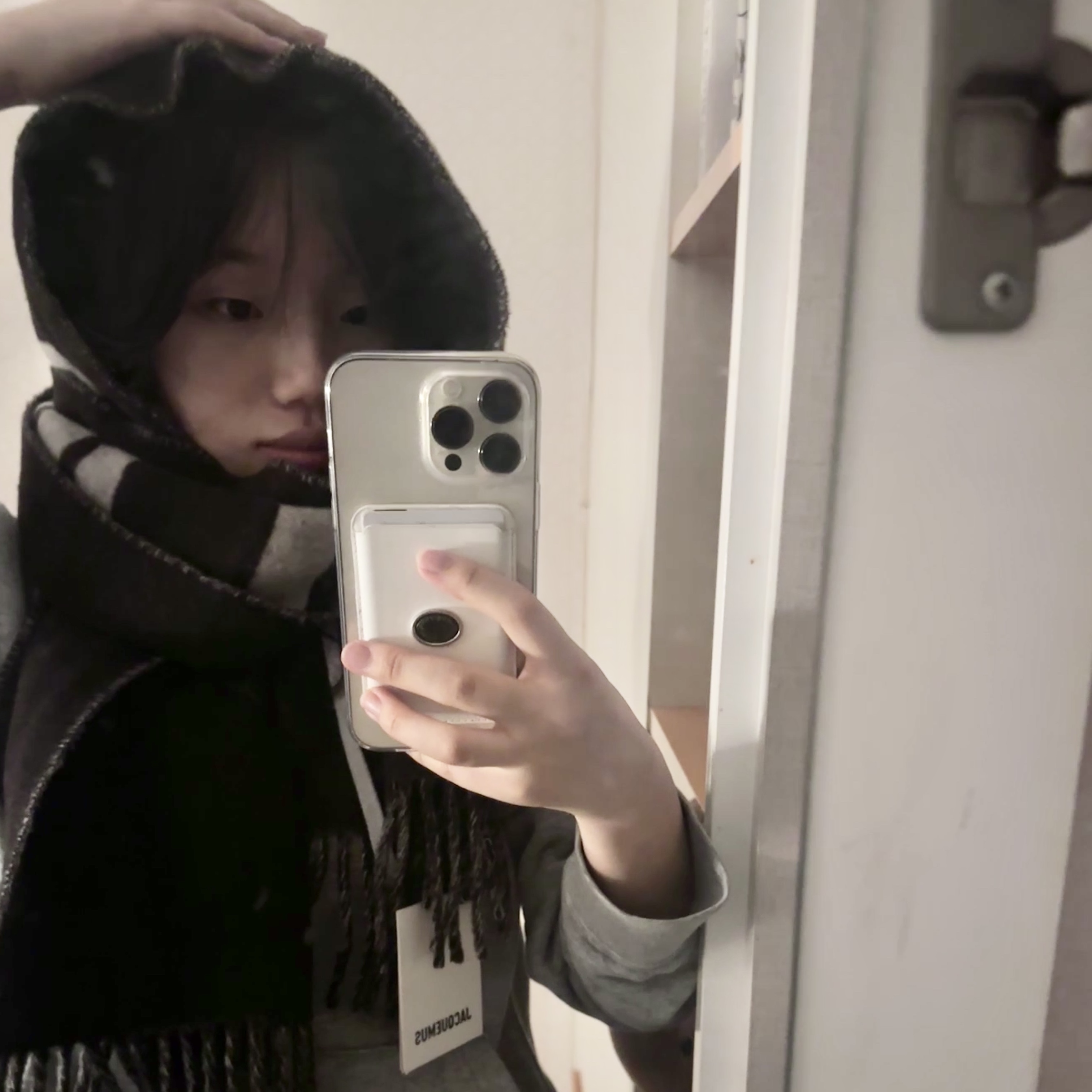 Jacquemus L'echarpe Jacquemus Fringe Logo Muffler Multi Brown 착용 스타일 - 1