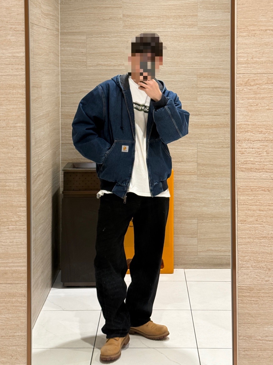 Carhartt WIP Maitland Denim OG Active Jacket Blue Stone Washed, Supreme Box Logo T-Shirt White - 23FW 착용 스타일