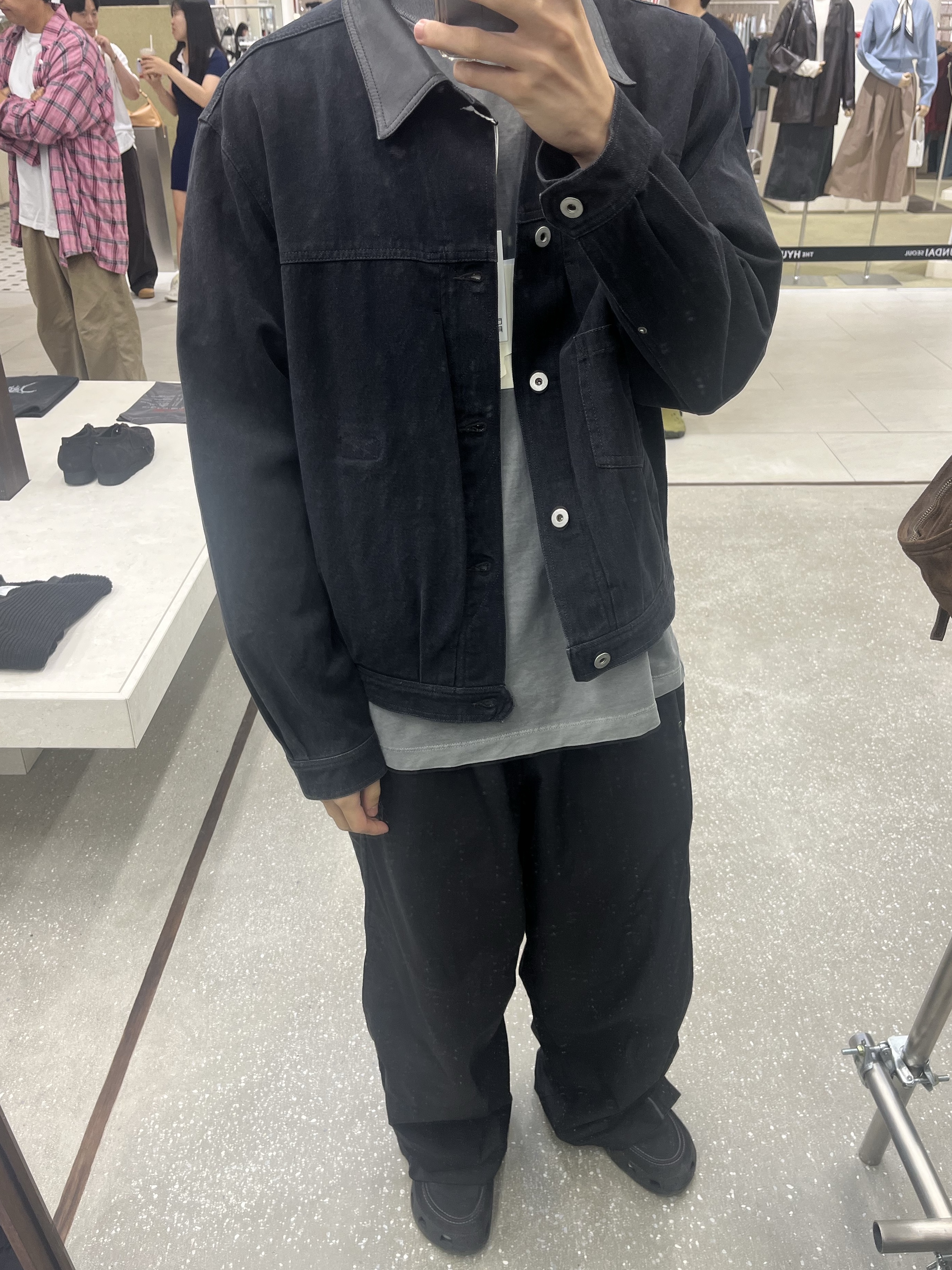 Polyteru Human Index Human Regular 1/2 T-Shirt Dyed Gray, Polyteru Used Trucker Jacket Black (Leather Collar) 착용 스타일