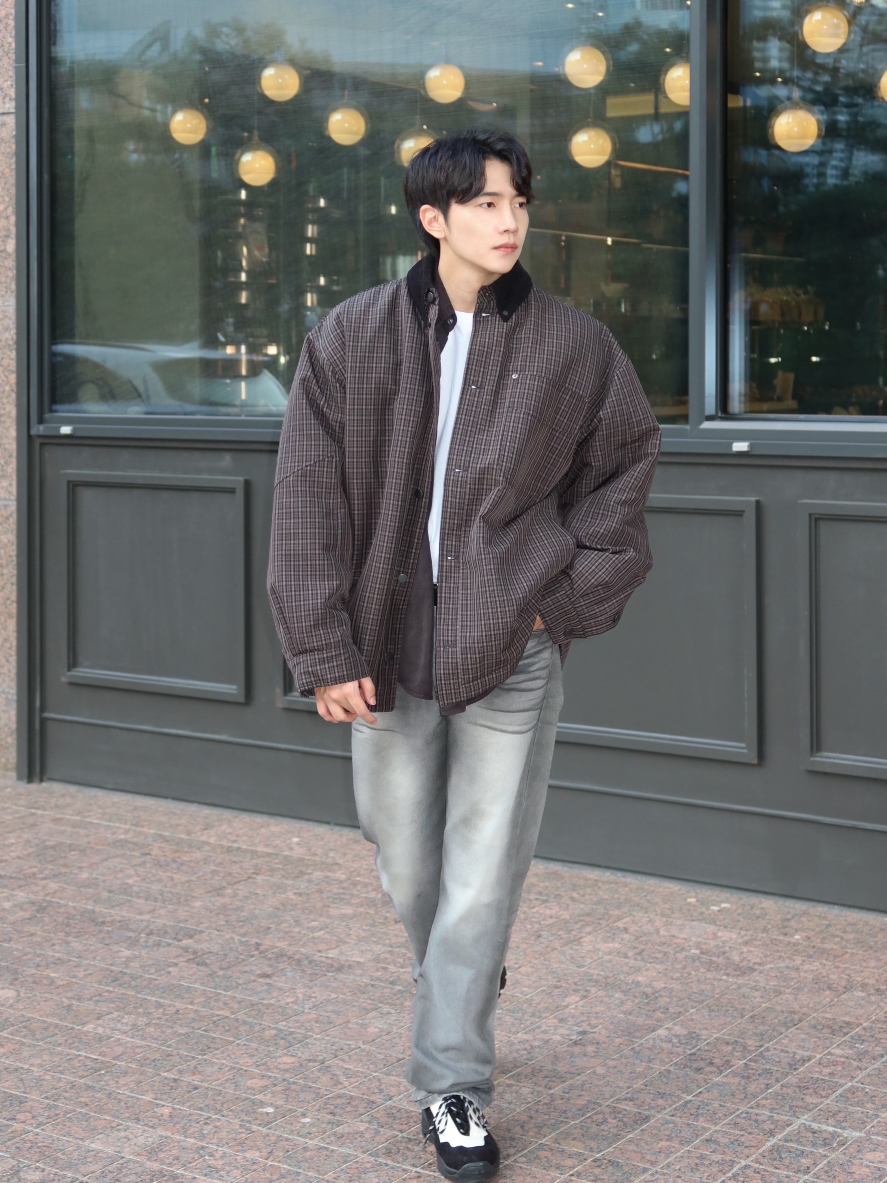 Haleine Padded Work Shirt Jacket Grey Check (VJ318) 착용 스타일 - 3