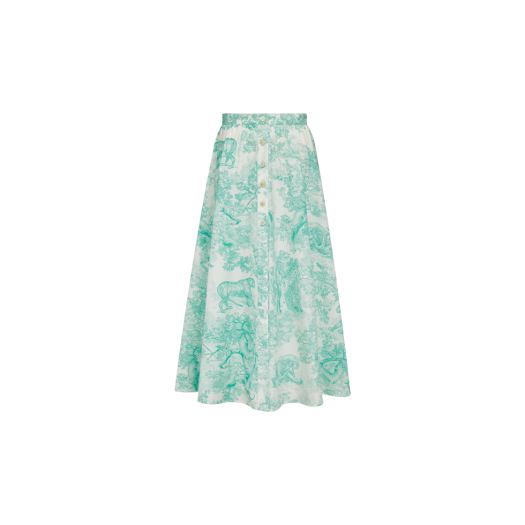(W) Dior Cotton and Silk Poplin with Toile De Jouy Sauvage Motif Dioriviera Flared Mid Length Skirt White Aquamarina