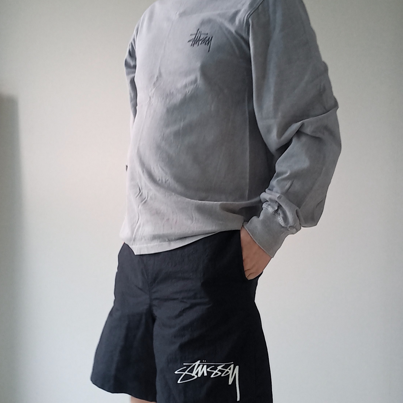 Nike x Stussy Shorts Black (FJ9167-010), Stussy Basic Stussy Pigment Dyed LS T-Shirt Grey 2022 착용 스타일 - 4