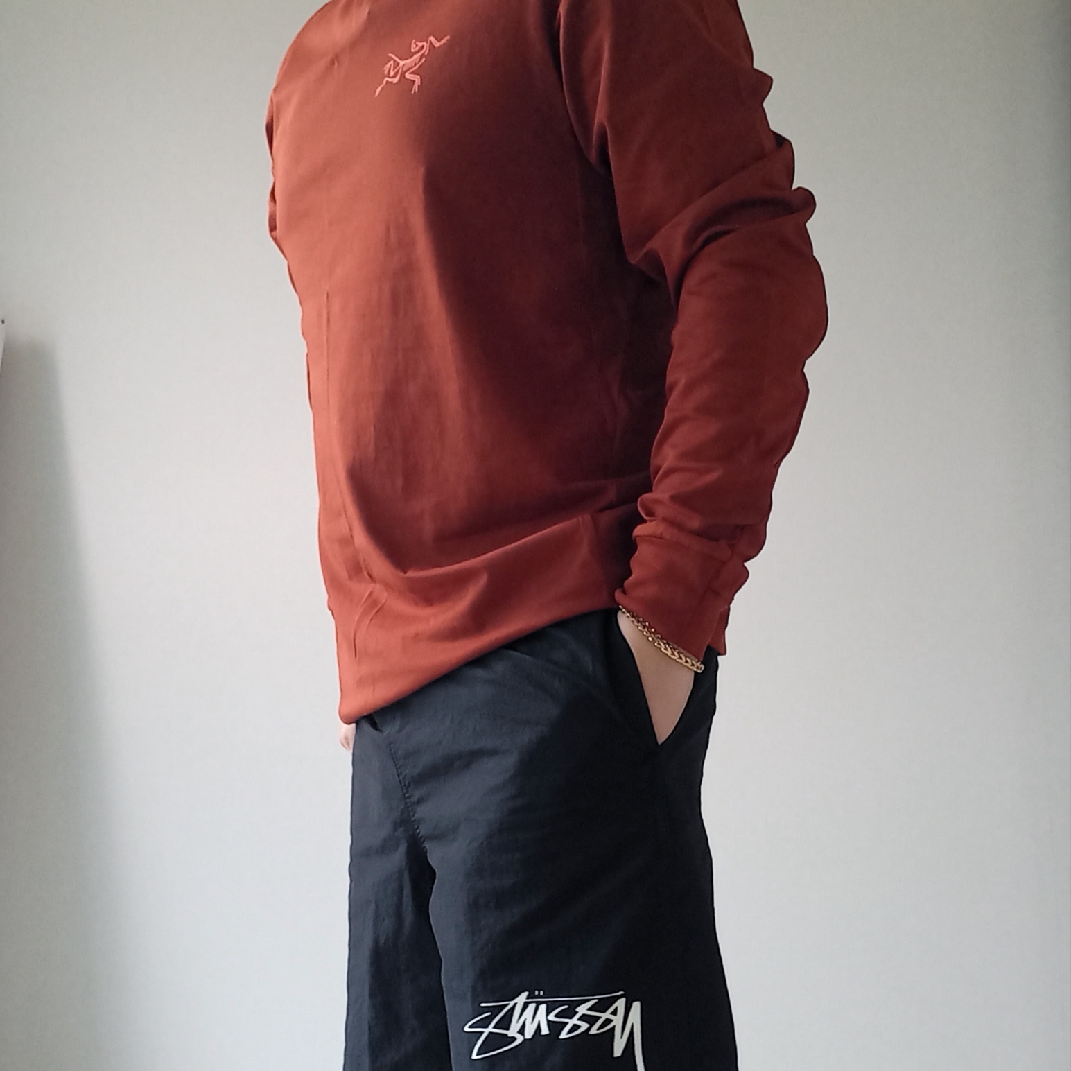 Arc'teryx Arc'Multi Bird Logo LS T-Shirt Sequoia Solaris, Nike x Stussy Shorts Black (FJ9167-010) 착용 스타일 - 4
