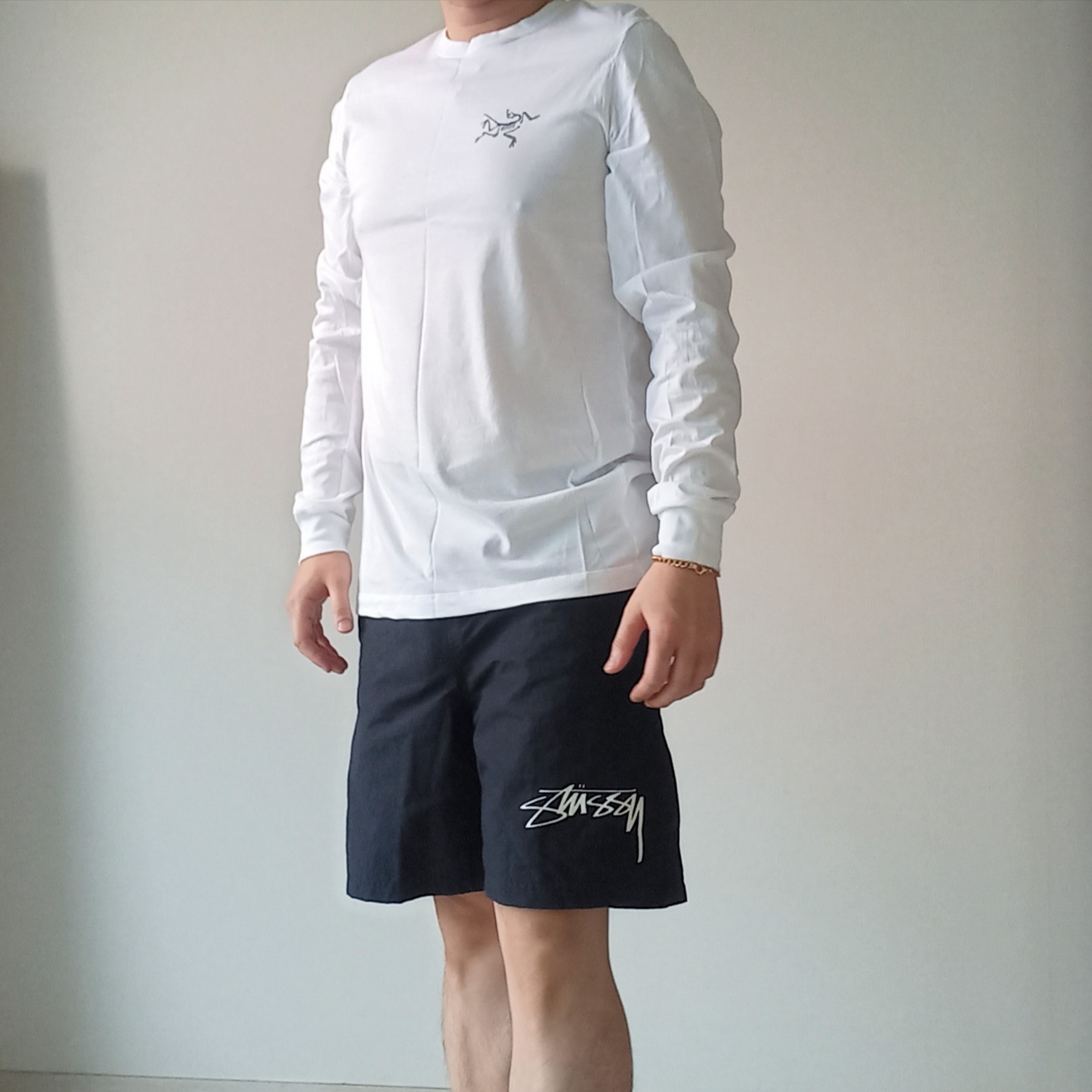 Arc'teryx Arc'Multi Bird Logo LS T-Shirt White Light, Nike x Stussy Shorts Black (FJ9167-010) 착용 스타일 - 3