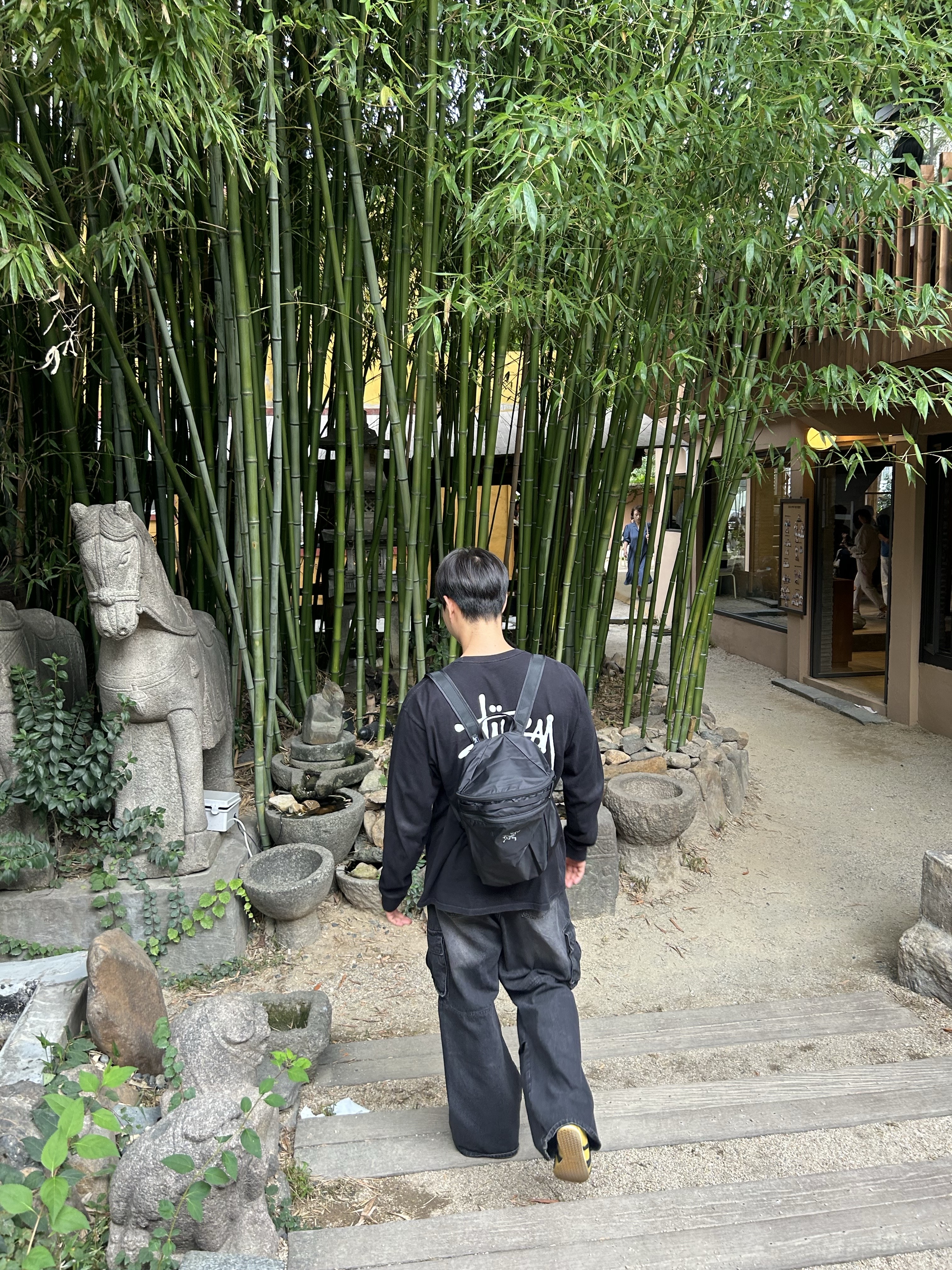 Stussy Basic Stussy LS T-Shirt Black, Arc'teryx Heliad 15 Backpack Black 착용 스타일