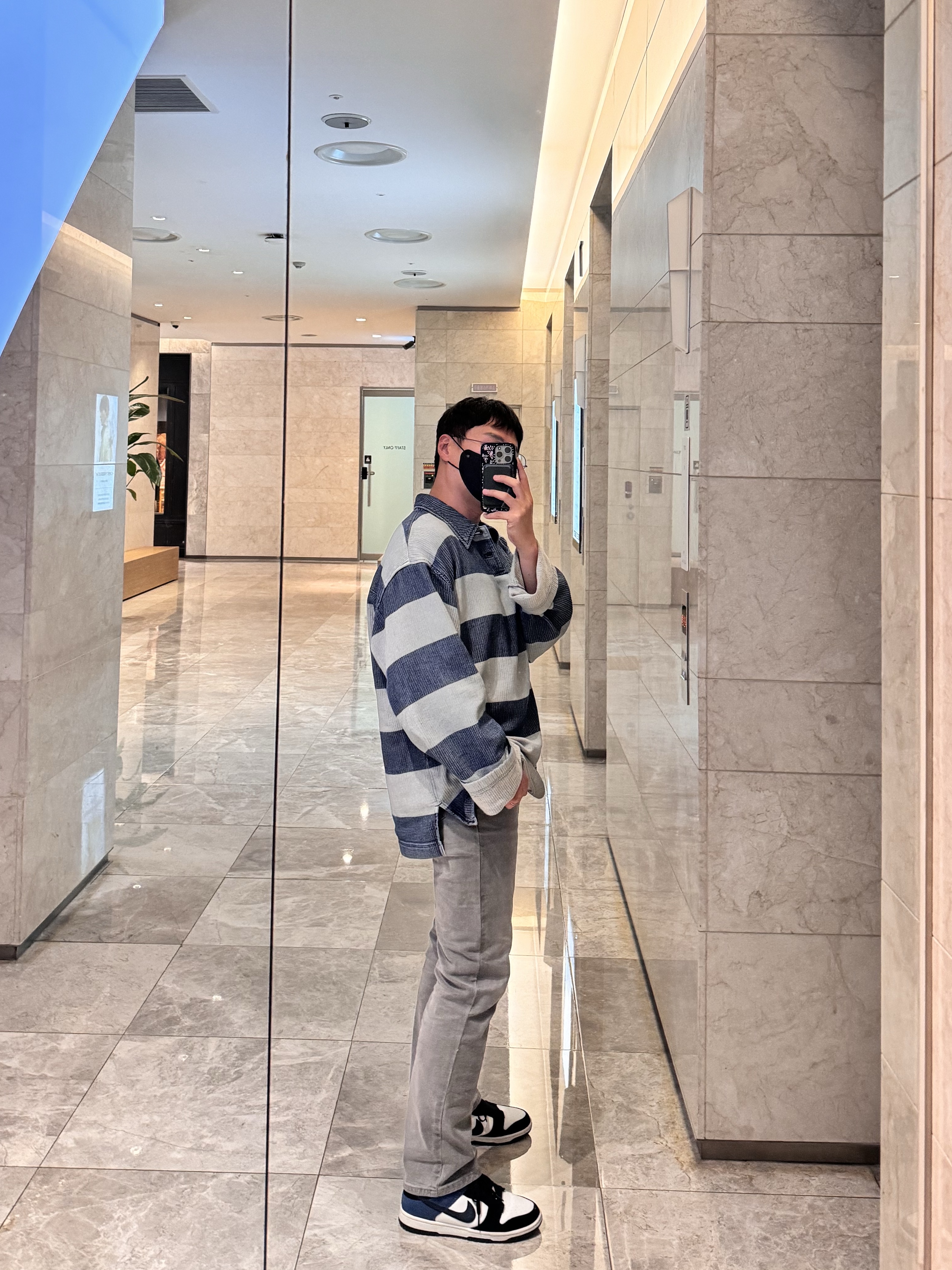 Wooyoungmi Stripe Denim Rugby Long Sleeve T-Shirt Blue - 24FW, Nike Dunk Low Retro Summit White Industrial Blue 착용 스타일 - 2