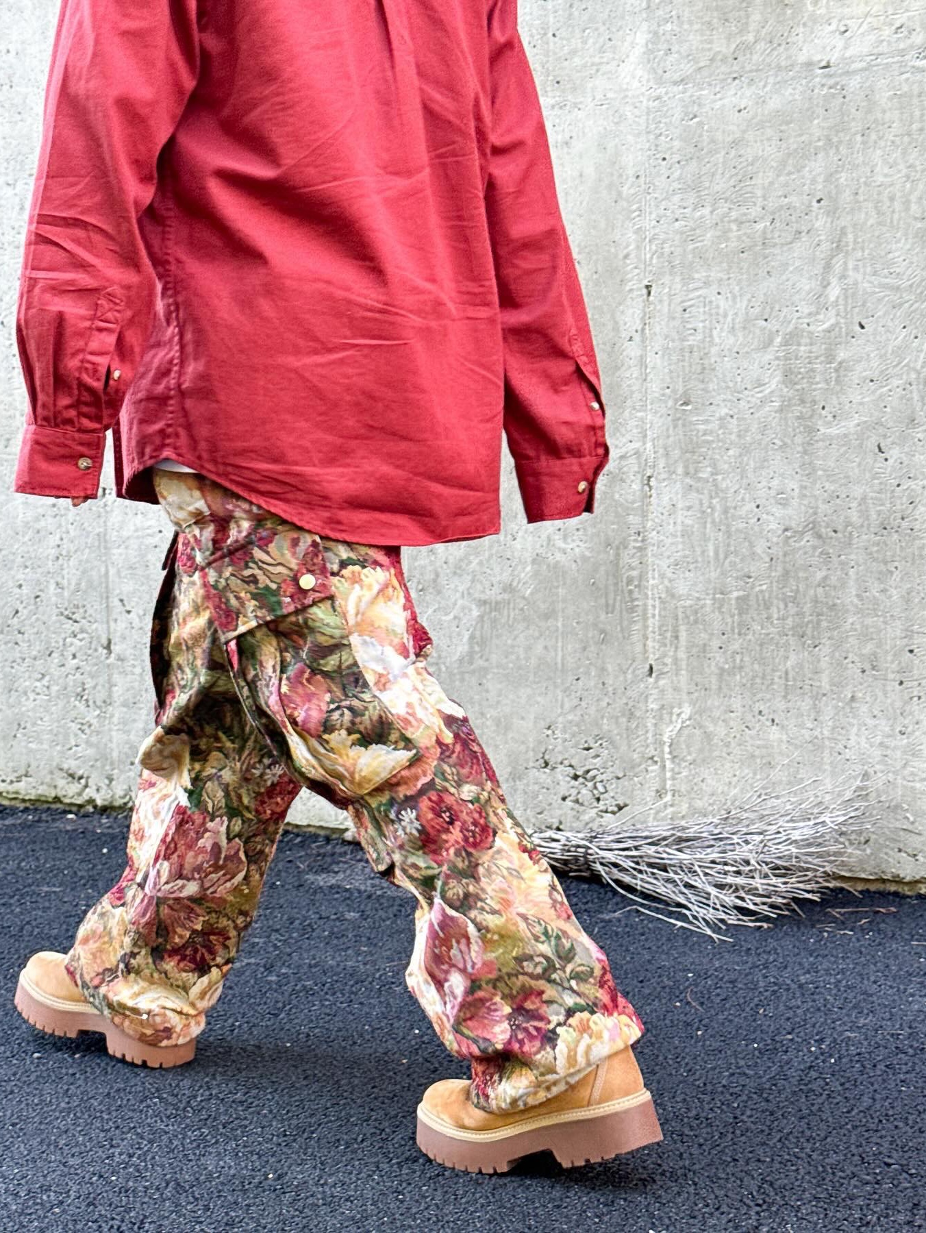 Hono Report Jacquard Cargo Pants Red Garden, Hono Report Jacquard Cargo Pants Green Garden 착용 스타일
