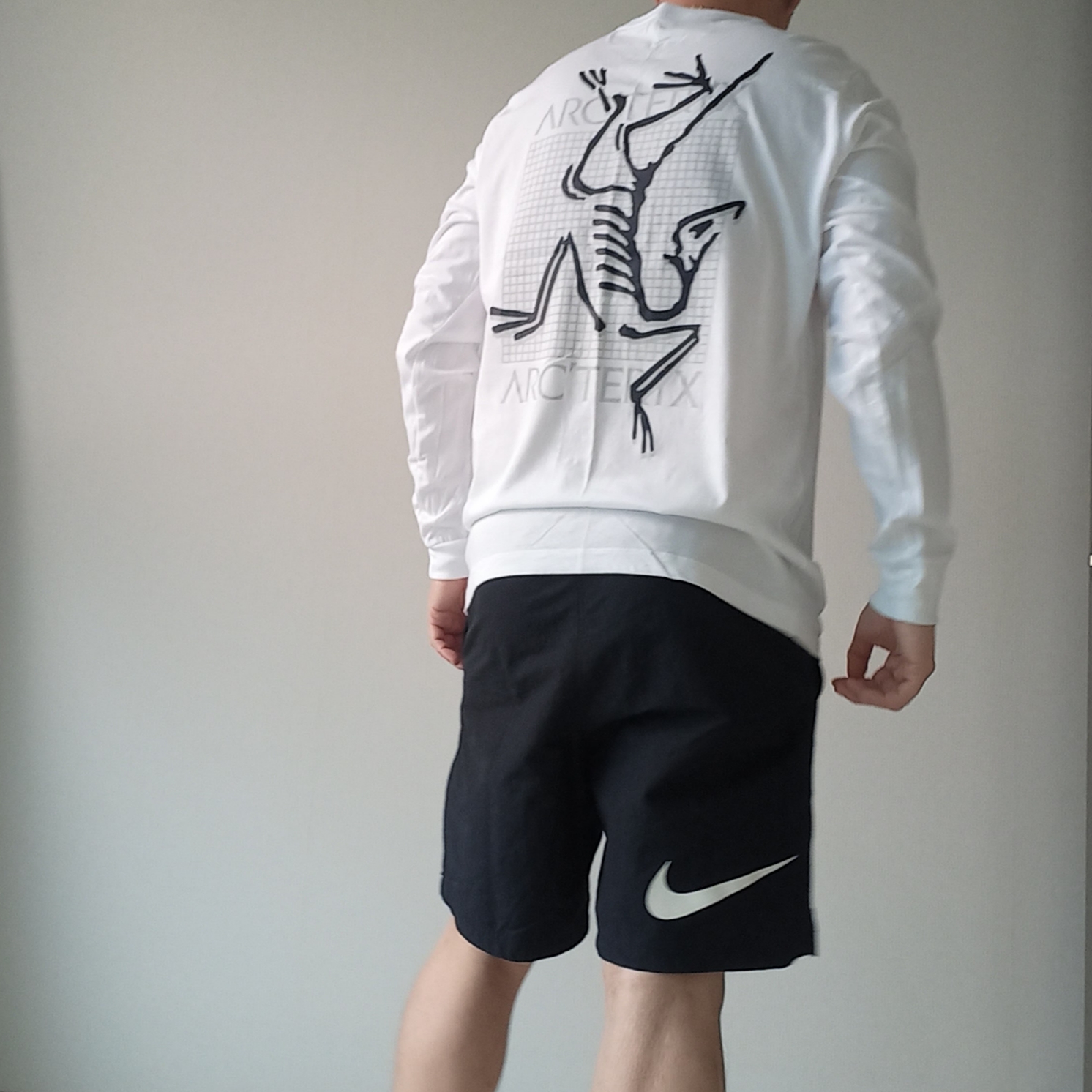 Arc'teryx Arc'Multi Bird Logo LS T-Shirt White Light, Nike x Stussy Shorts Black (FJ9167-010) 착용 스타일 - 6