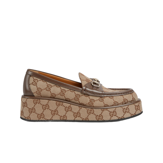 (W) Gucci Horsebit Wedge Heel Loafers Beige Ebony