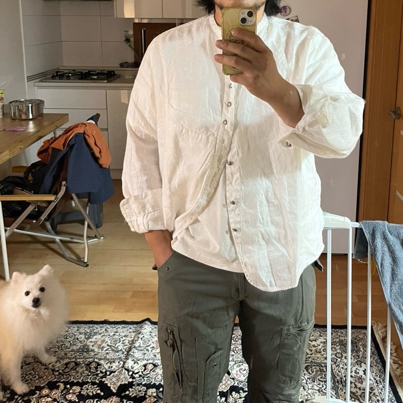 Kapital Gauze Linen Herringbone Stand Penny Shirt White 착용 스타일 - 2