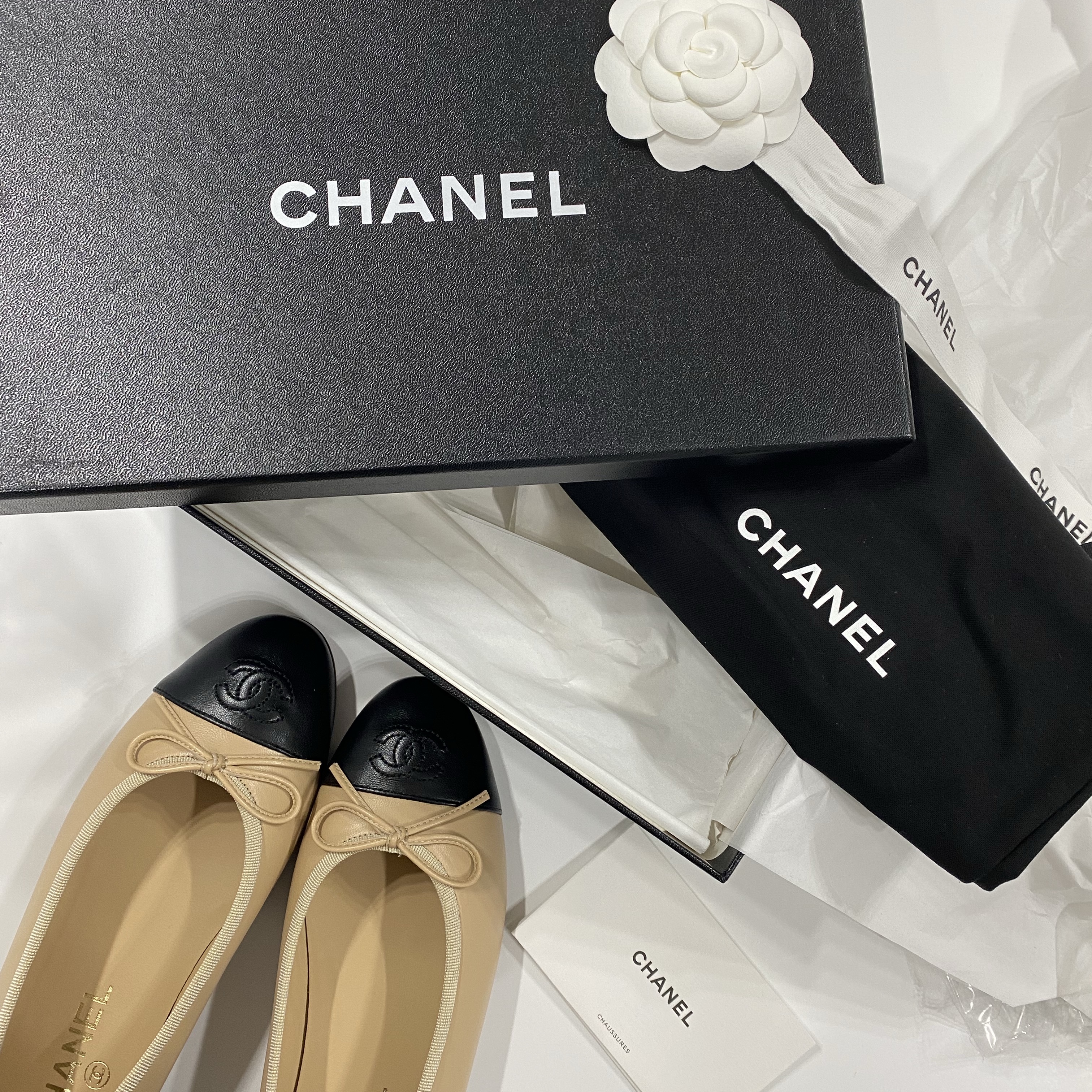 (W) Chanel Ballerina Flat Lambskin & Beige Black 착용 스타일