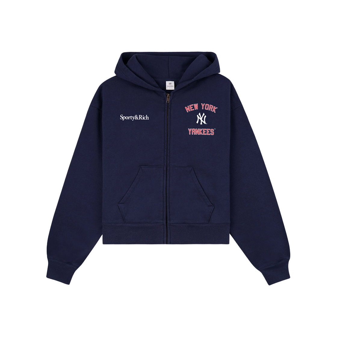 스포티 앤 리치 x 뉴욕 양키스 홈런 크롭 집 후디 네이비 스포츠 레드 화이트 - 24FW(Sporty & Rich x New York Yankees Home Run Cropped Zipped Hoodie Navy Sports Red White - 24FW)