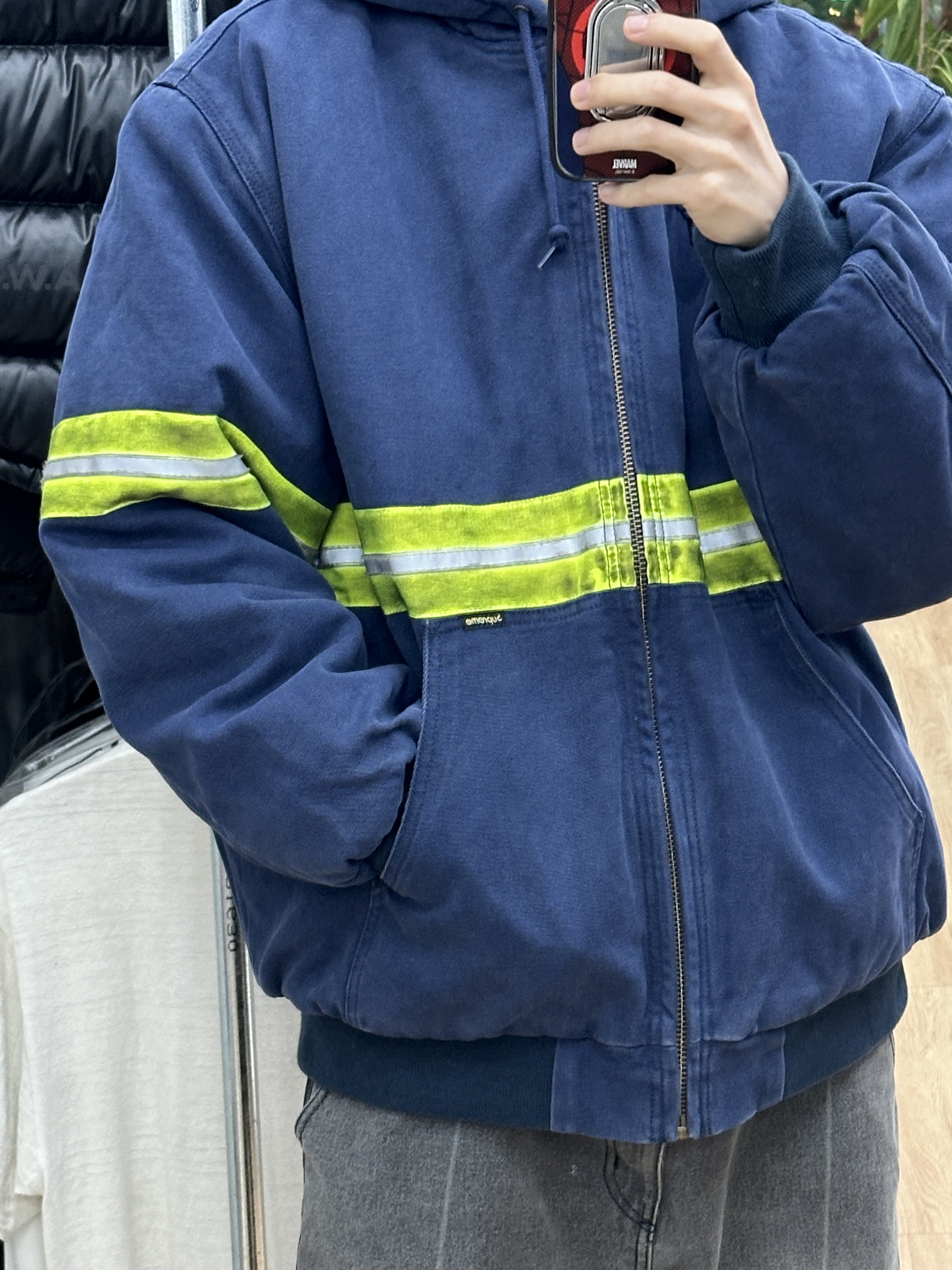 Supreme Reflective Stripe Hooded Work Jacket Navy - 24FW 착용 스타일 - 1
