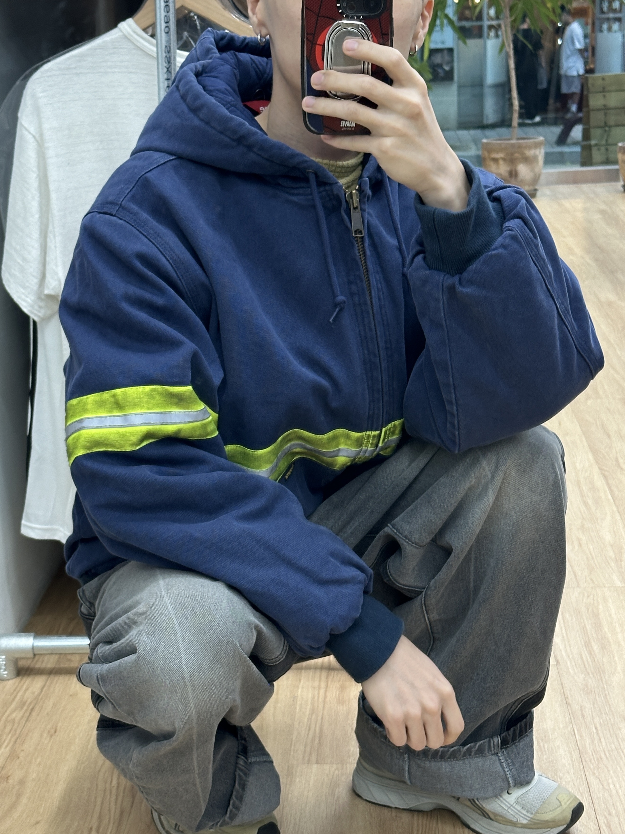 Supreme Reflective Stripe Hooded Work Jacket Navy - 24FW 착용 스타일 - 3
