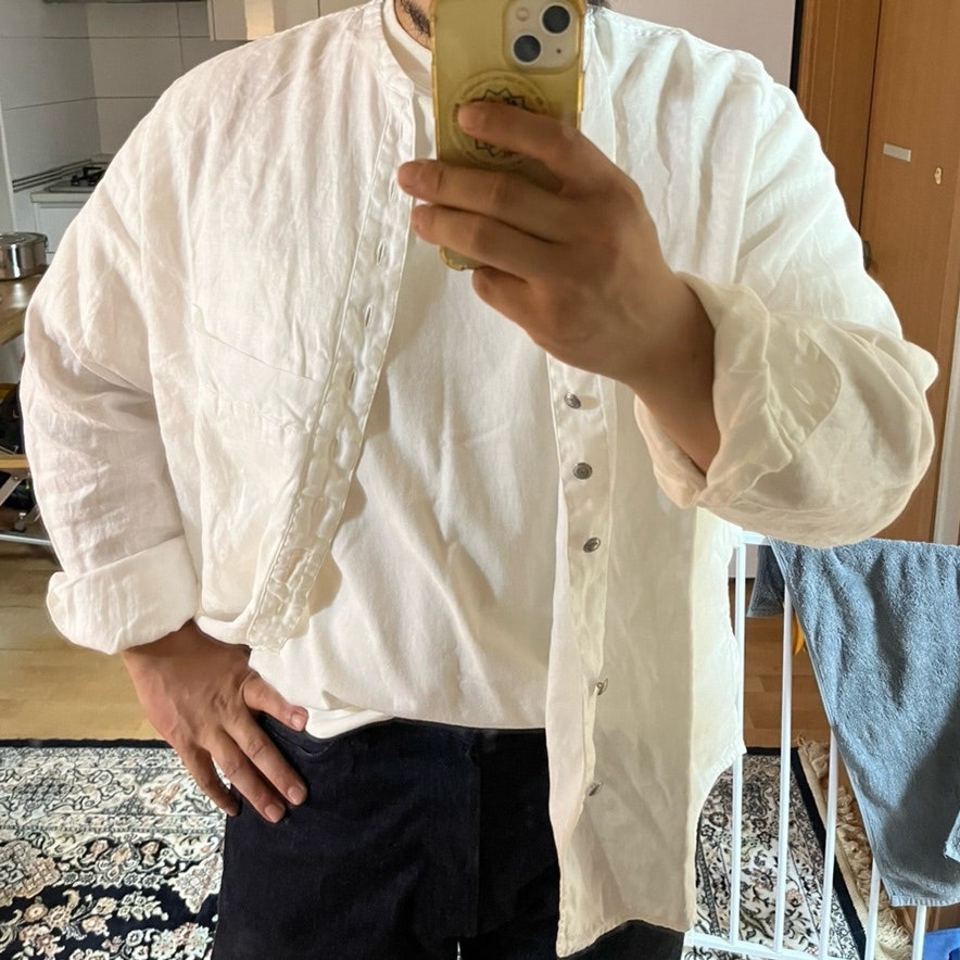 Kapital Gauze Linen Herringbone Stand Penny Shirt White 착용 스타일 - 1
