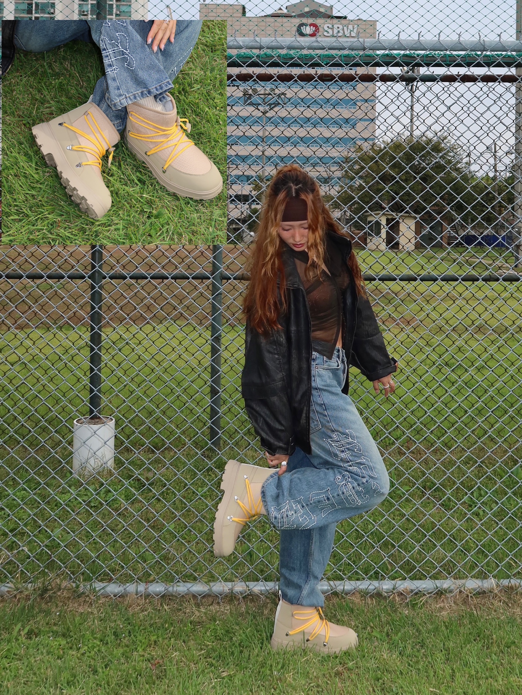 (W) Leey Strap Stitch Boots Cut Pants Black, (W) Bohemian Seoul Shirring Halter Warmer T-Shirt Khaki Brown 착용 스타일 - 7