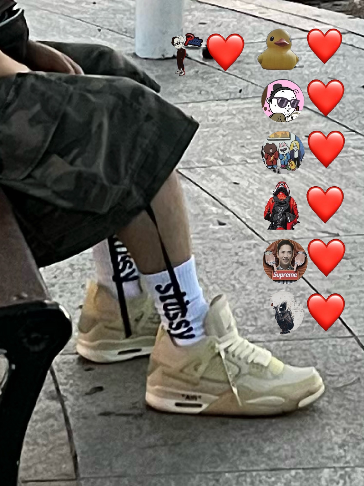 (W) Jordan 4 x Off-White Retro SP Sail, Stussy Helvetica Jacquard Crew Socks White 착용 스타일