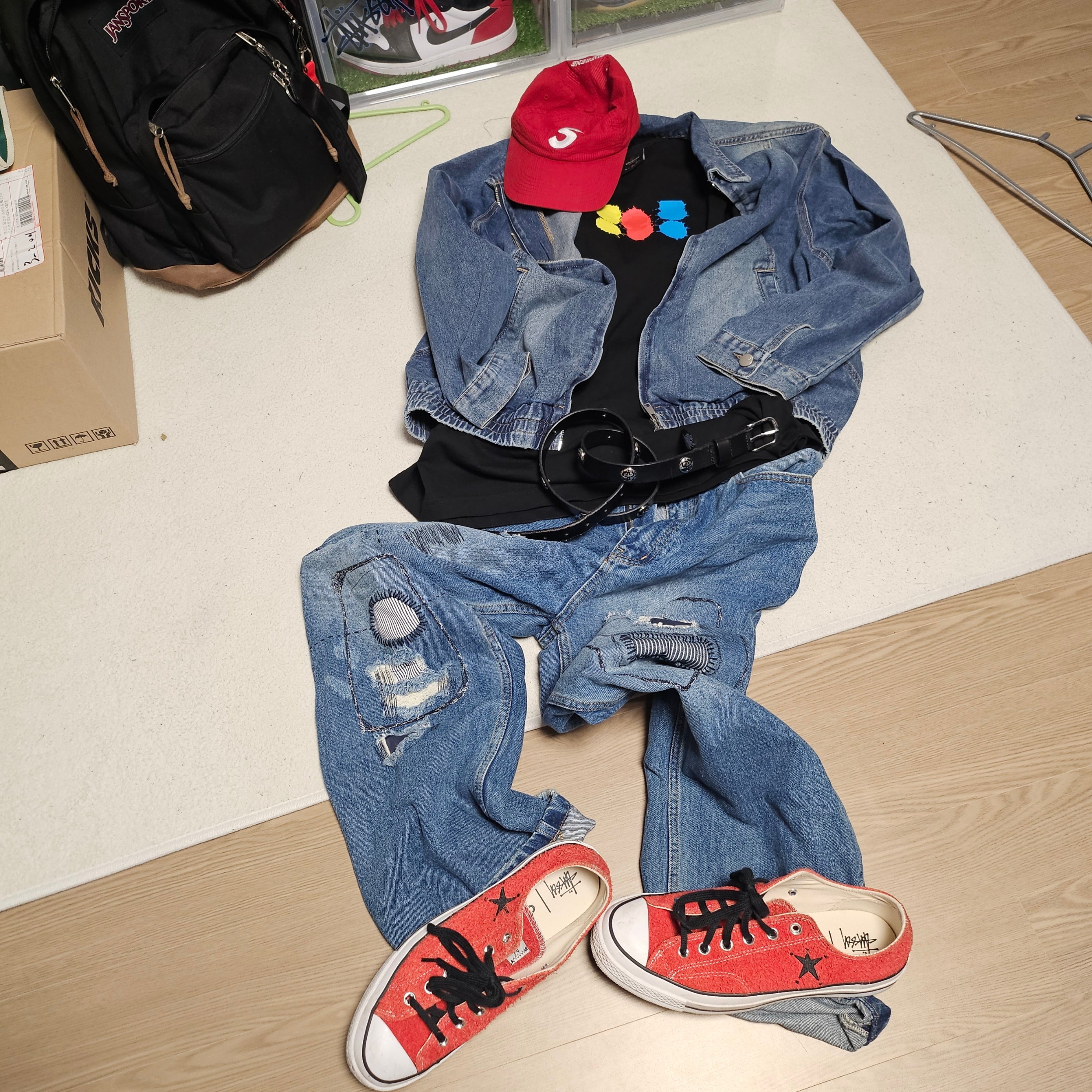 Stussy SS Link Studded Belt Black, Supreme Seersucker S Logo 6-Panel Red - 24SS 착용 스타일 - 4