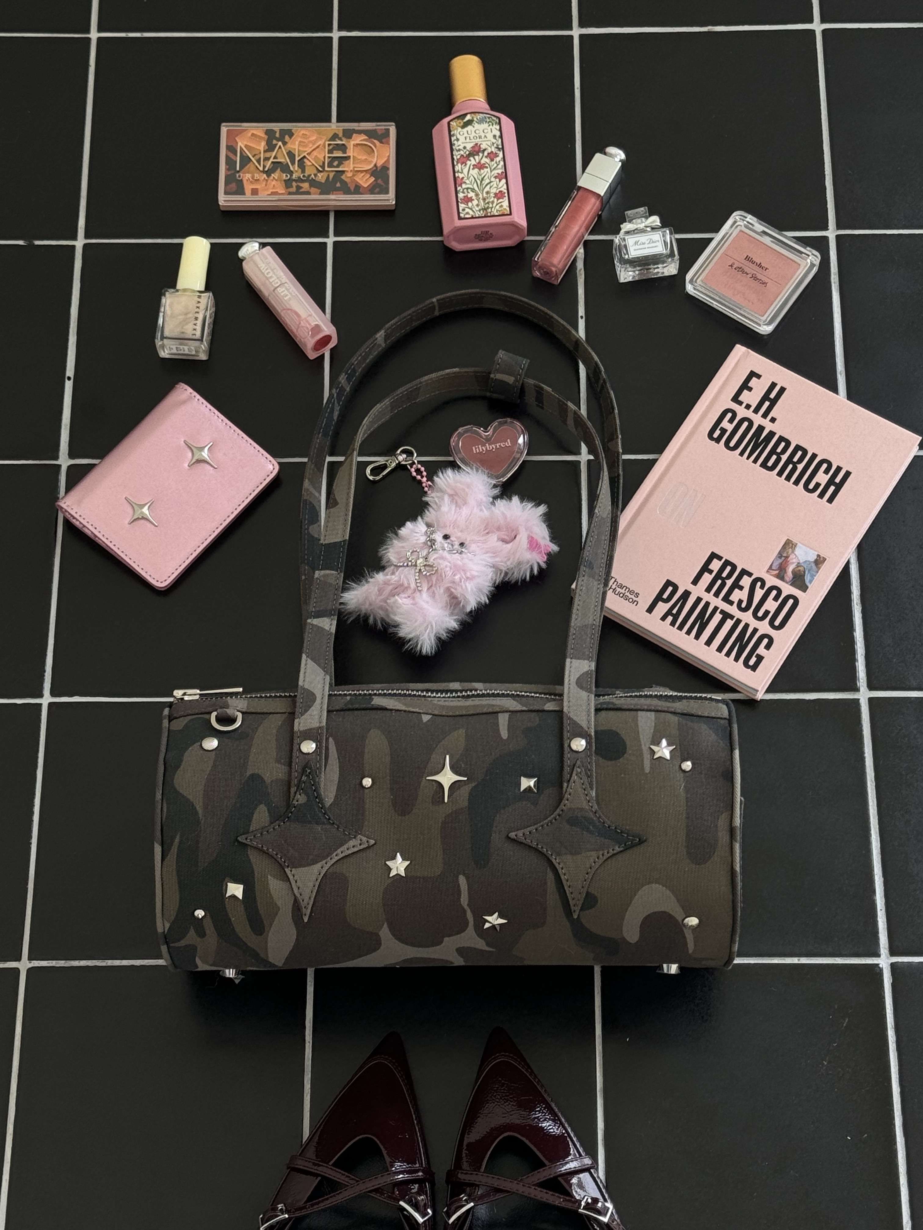 For Appeal Western Stud Shoulder Bag Camo, For Appeal Sparkle Star Card Wallet Metal Pink 착용 스타일