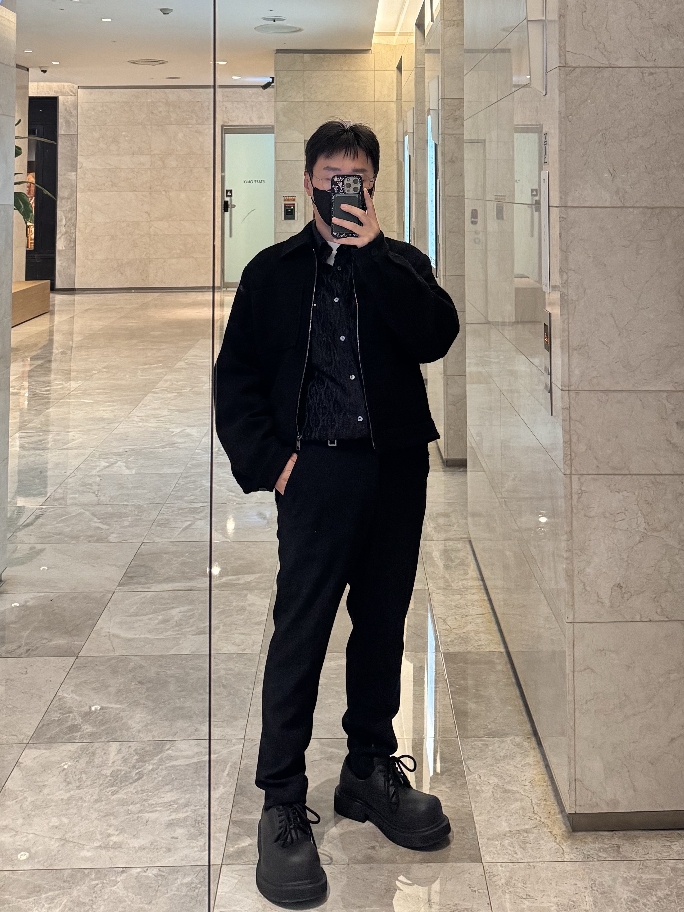 Balenciaga Steroid Derby Black, Wooyoungmi Tweed Jacket Black - 24SS 착용 스타일 - 1