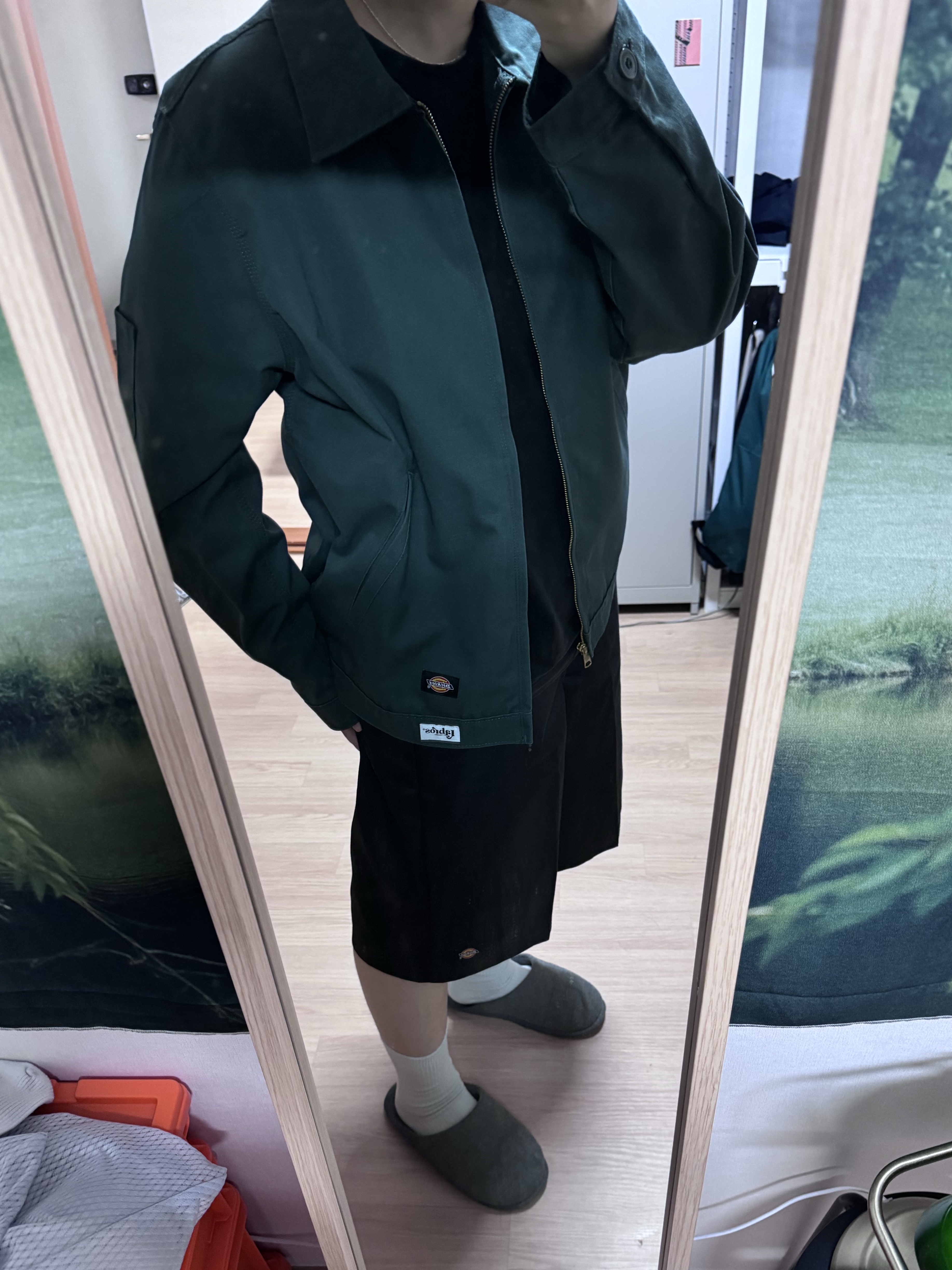 Dickies Loose Fit 13 Inch Flat Front Work Shorts Black, Dickies Unlined Eisenhower Jacket Regular Lincoln Green 착용 스타일