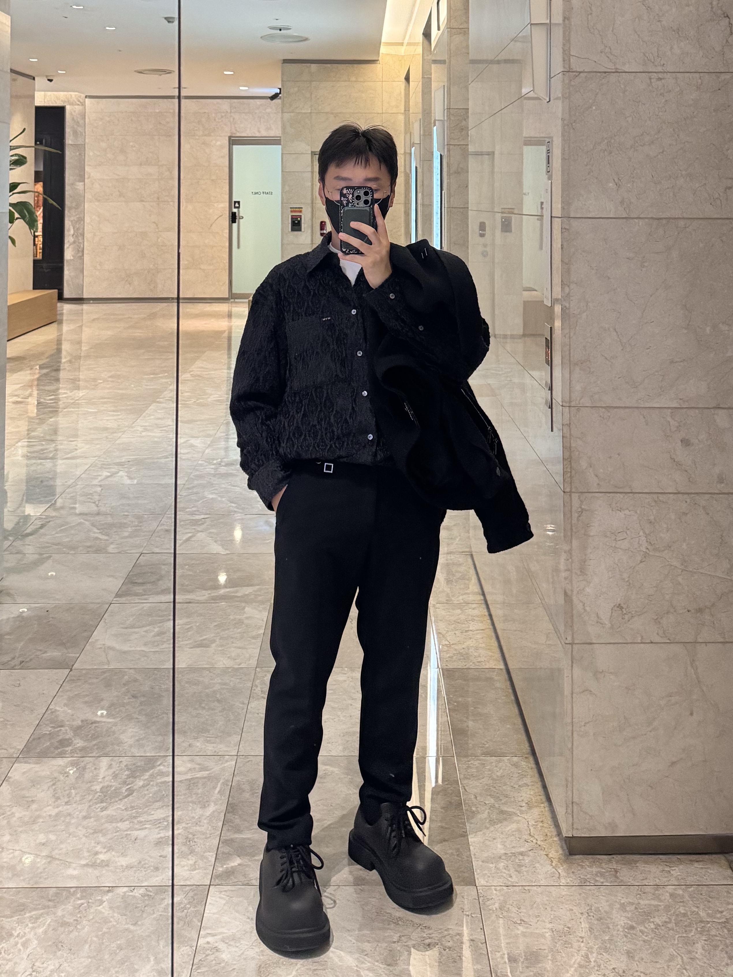 Balenciaga Steroid Derby Black, Wooyoungmi Tweed Jacket Black - 24SS 착용 스타일 - 2