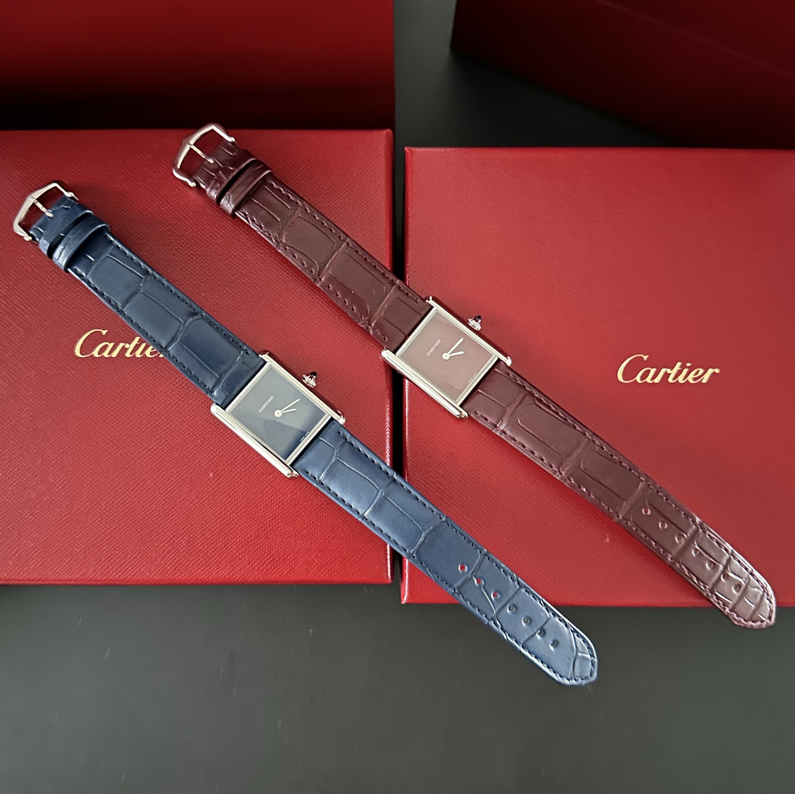 Cartier Tank Must Watch Large Quartz Steel Alligator Skin Claret, Cartier Tank Must Watch Large Quartz Steel Alligator Skin Blue 착용 스타일 - 1