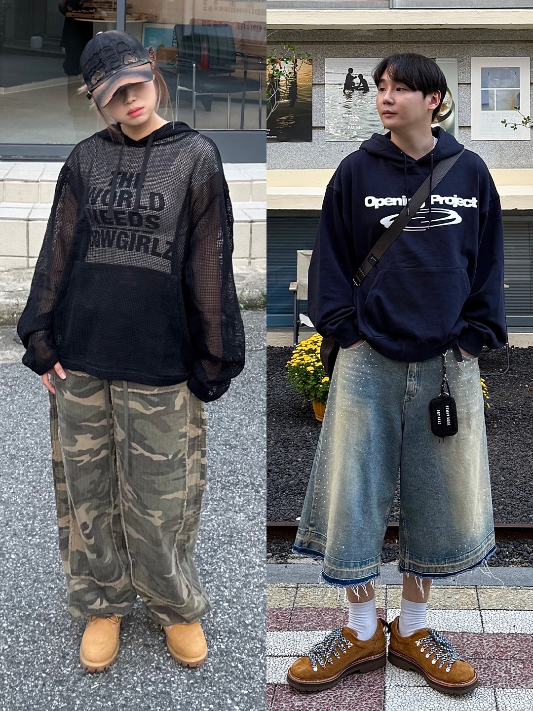 Stussy Cotton Mesh Hoodie Black, Opening Project Identity Hoodie Navy 착용 스타일 - 2