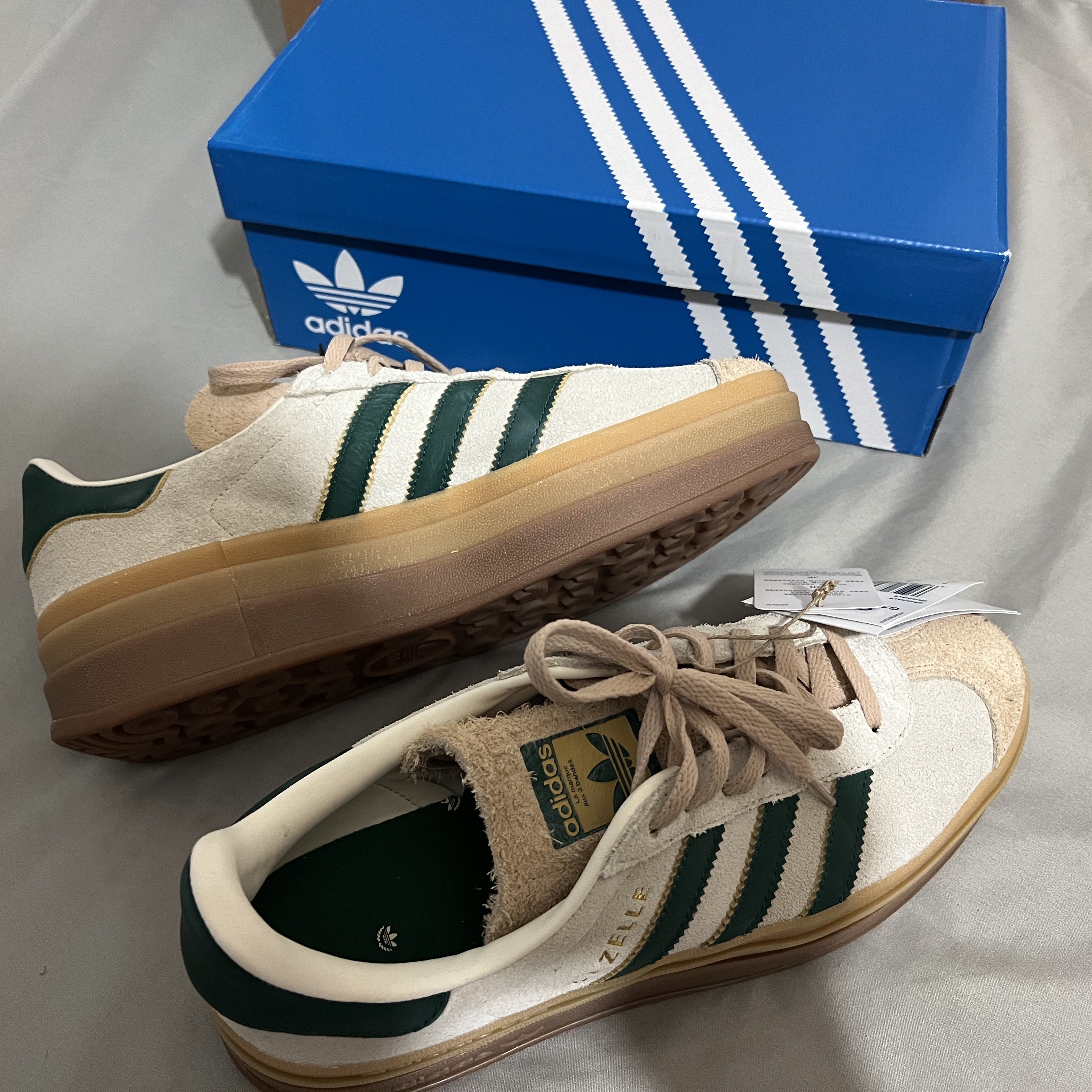 (W) Adidas Gazelle Bold Cream White Collegiate Green 착용 스타일 - 2