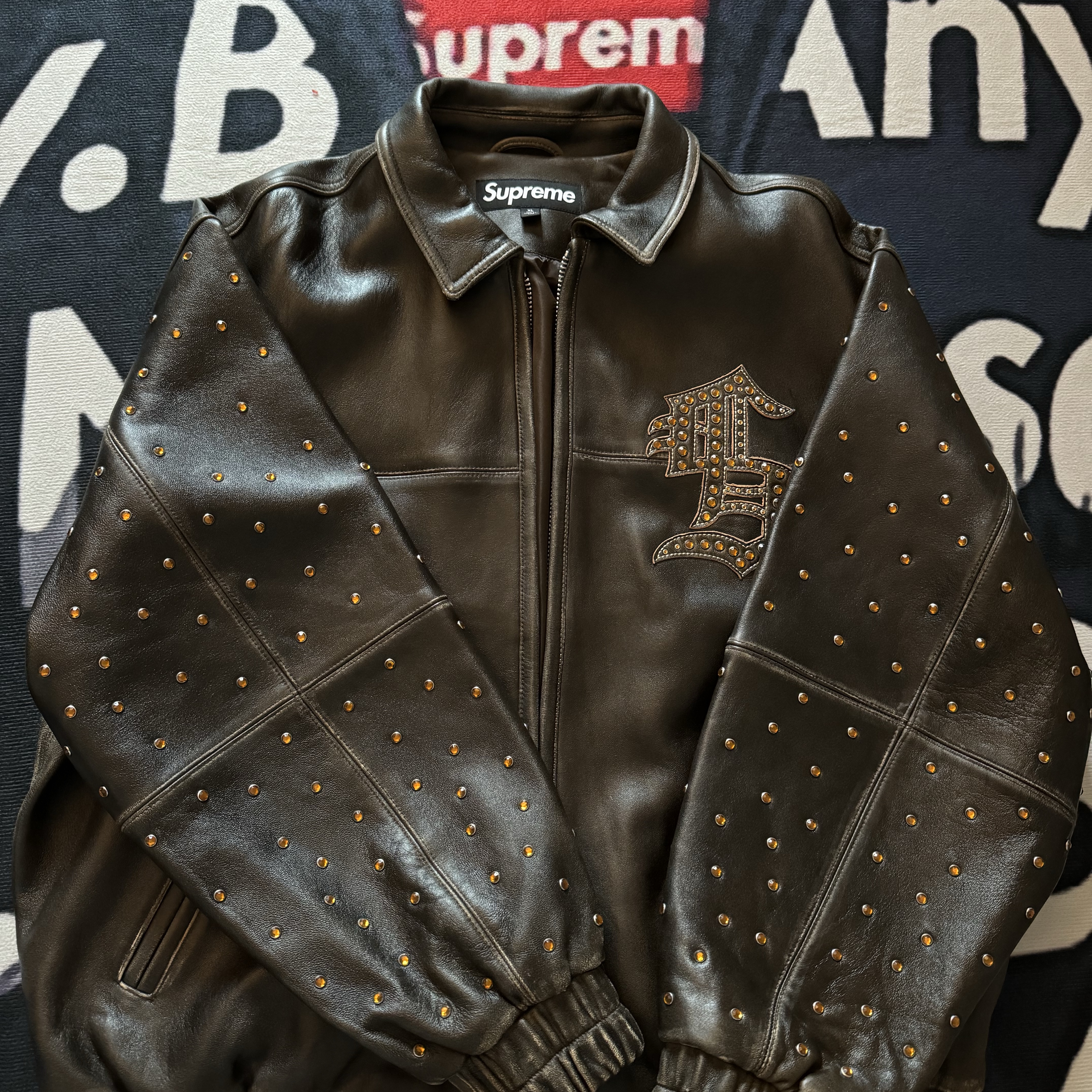 Supreme Gem Studded Leather Jacket Brown - 24SS 착용 스타일 - 1