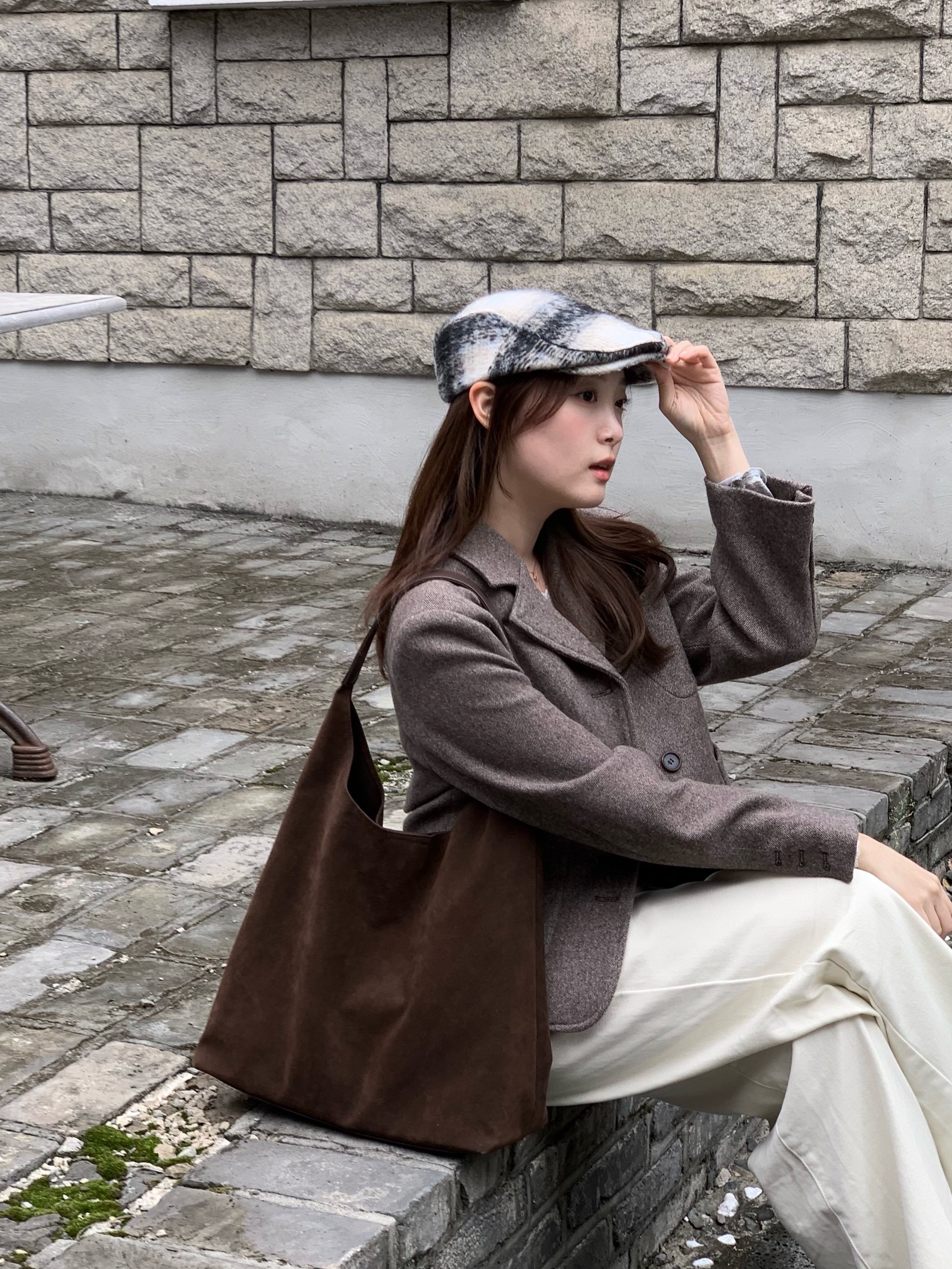 Allincomplete Tartan Check Hunting Cap Black Check 착용 스타일 - 1