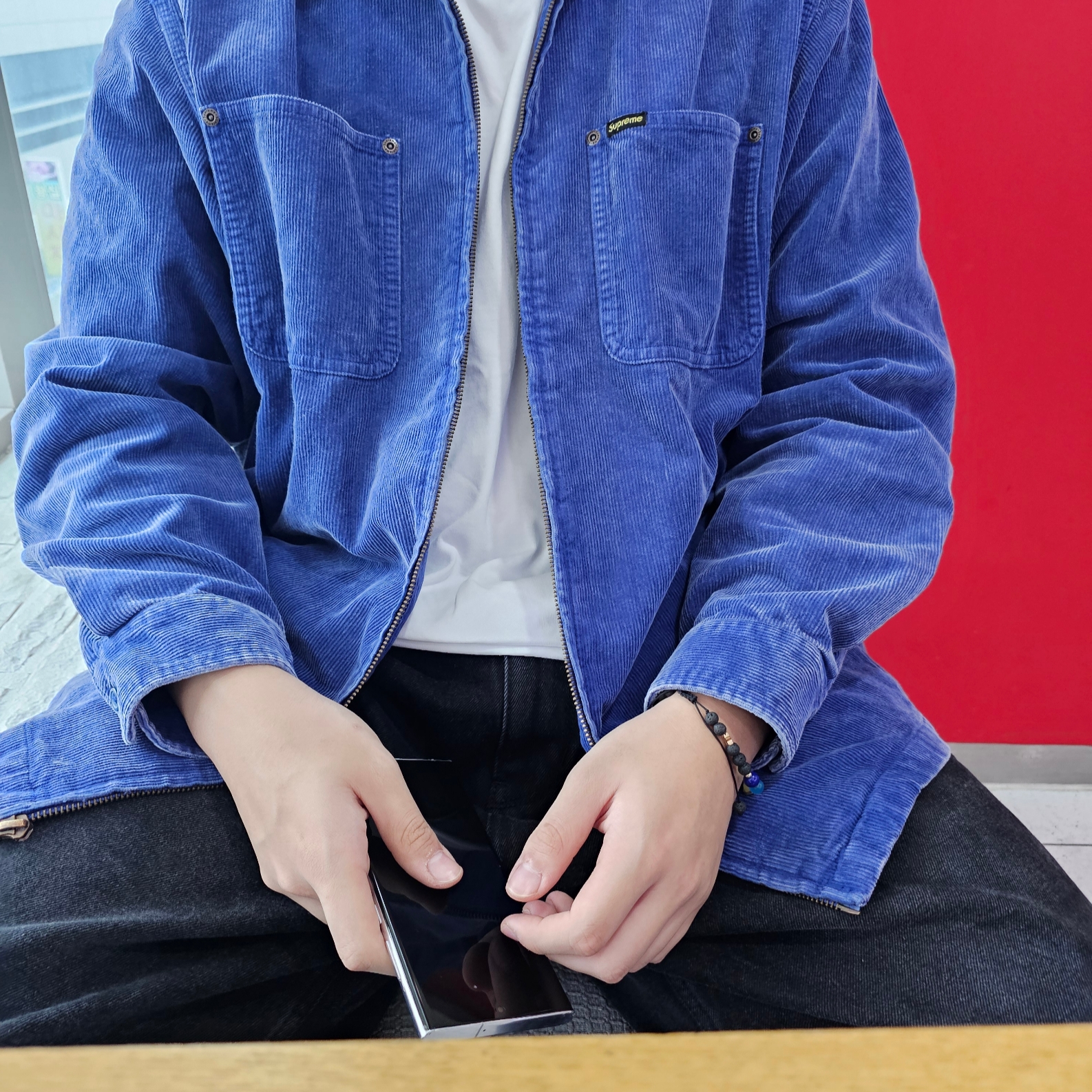 Supreme Washed Corduroy Zip Up Shirt Blue - 24SS 착용 스타일 - 1