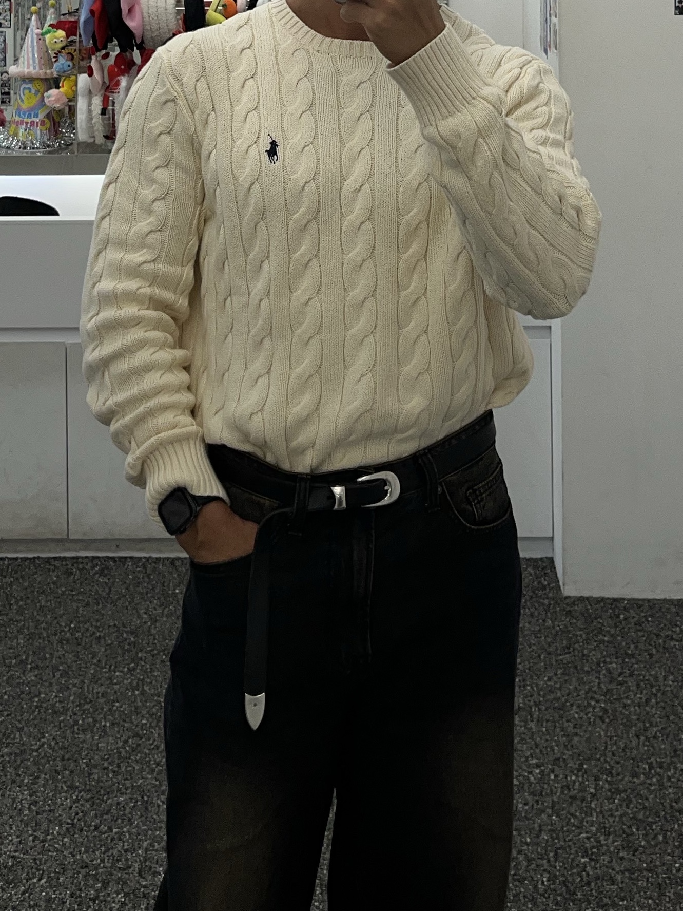 Polo Ralph Lauren Cable Knit Cotton Sweater Natural, Our Legacy Belt 2cm Leather Black 착용 스타일