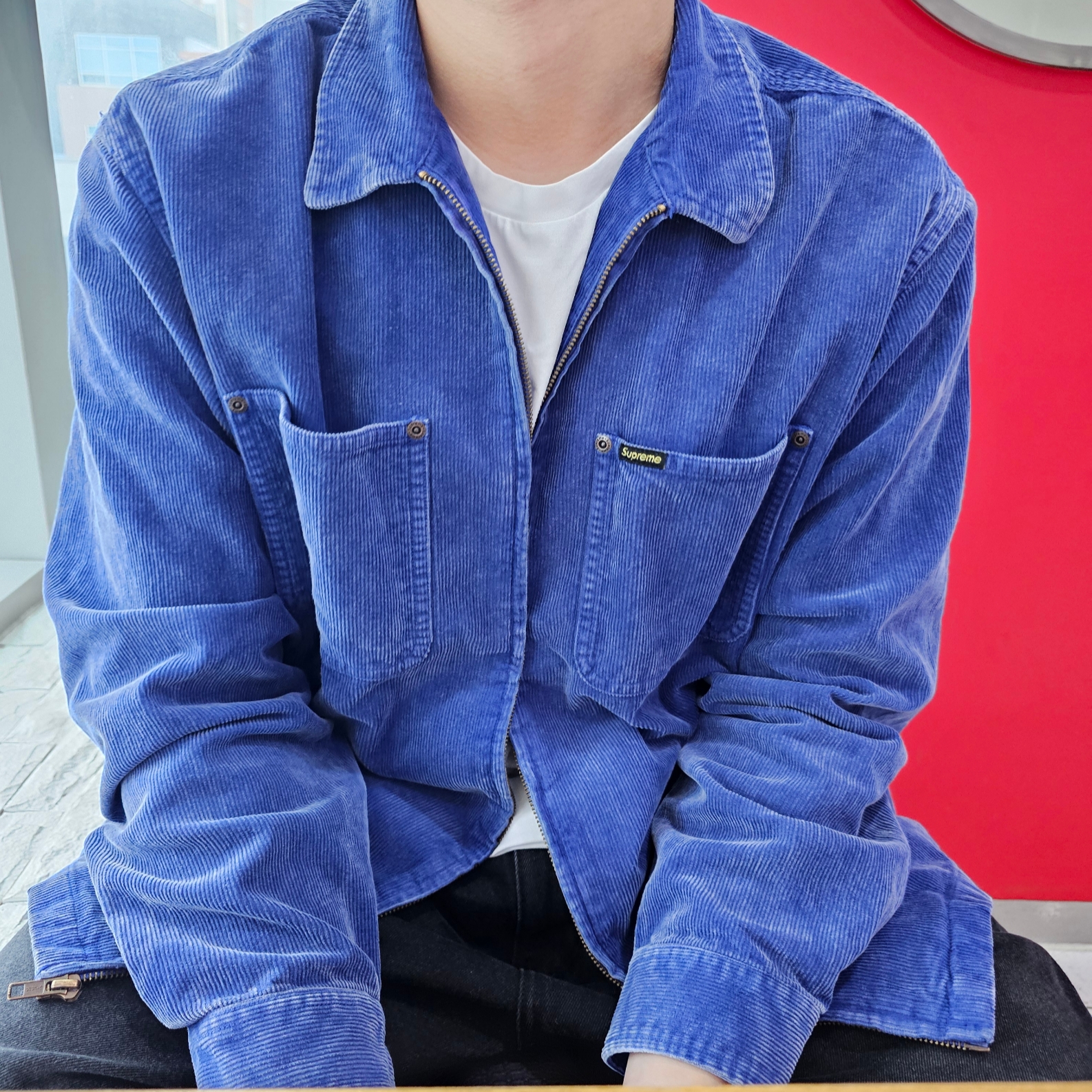 Supreme Washed Corduroy Zip Up Shirt Blue - 24SS 착용 스타일 - 3