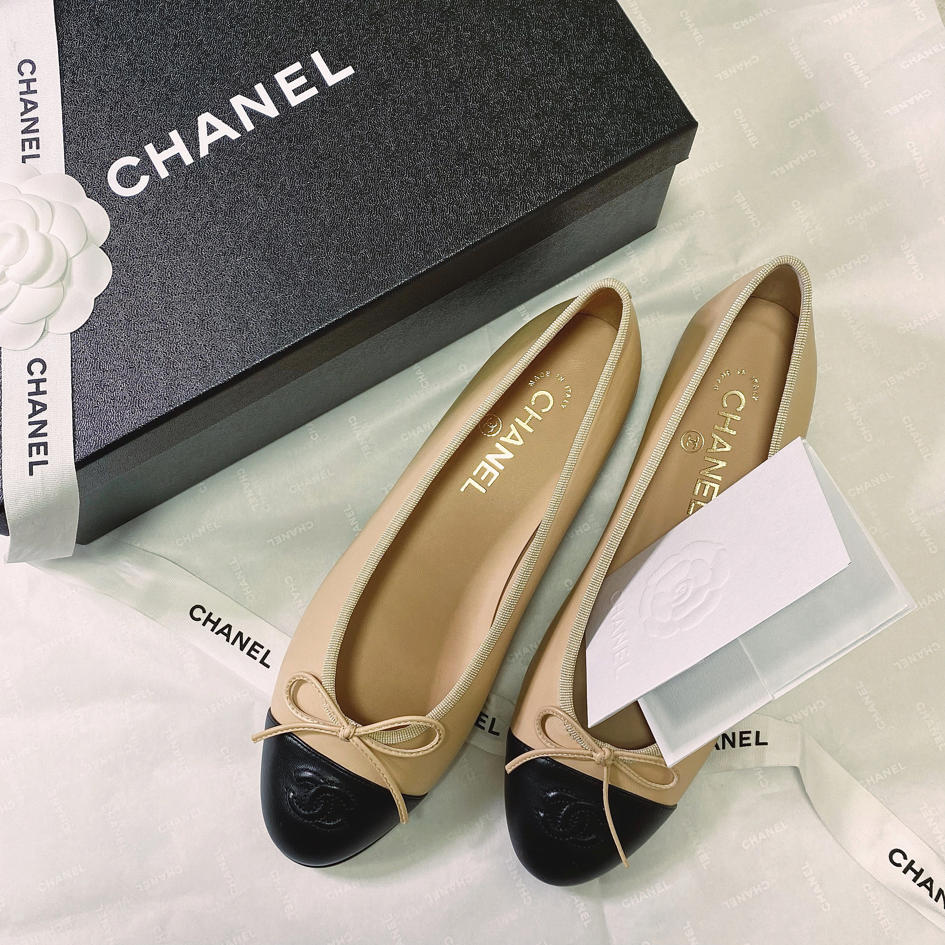 (W) Chanel Ballerina Flat Lambskin & Beige Black 착용 스타일