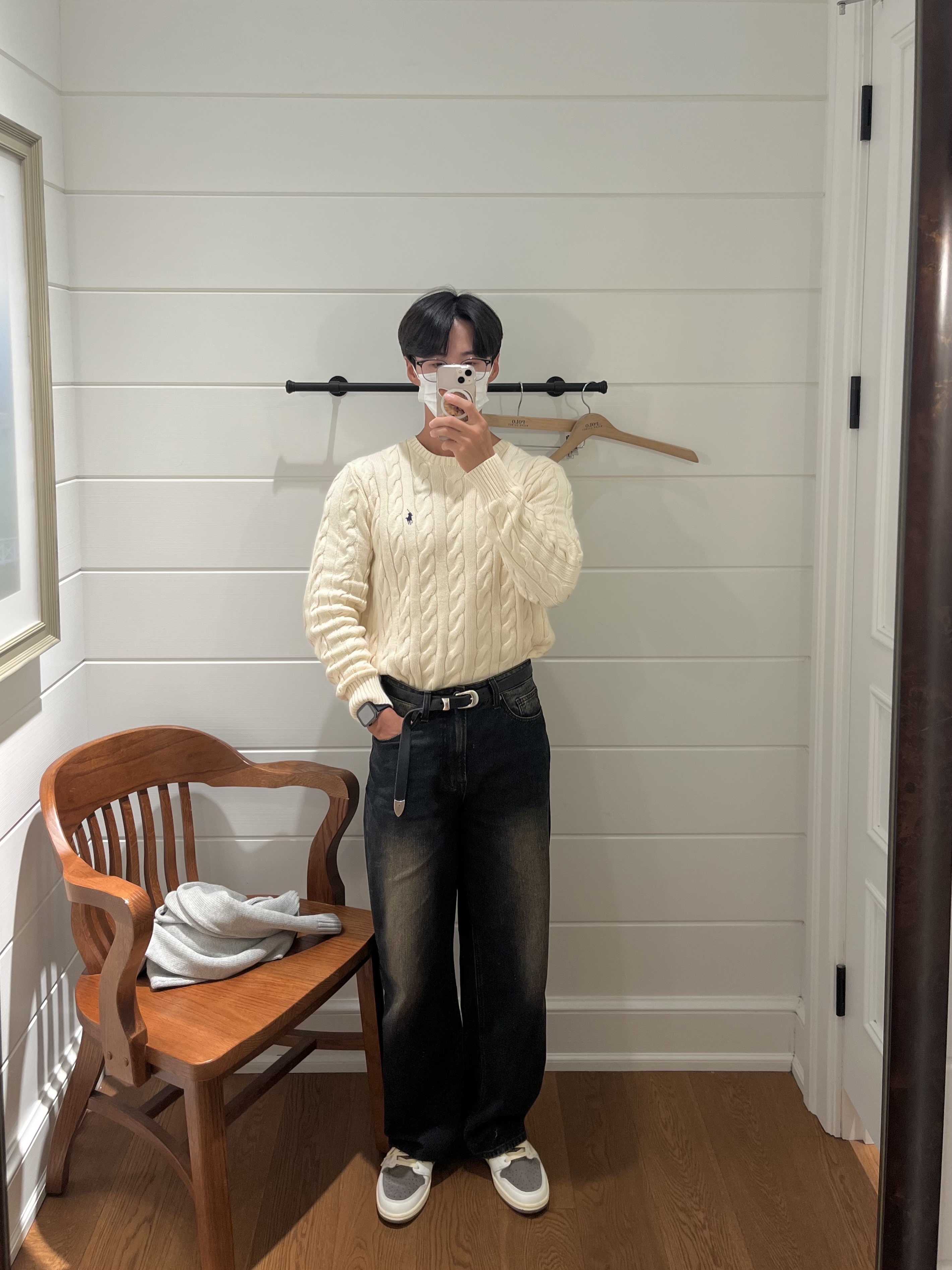 Polo Ralph Lauren Cable Knit Cotton Sweater Natural, Our Legacy Belt 2cm Leather Black 착용 스타일